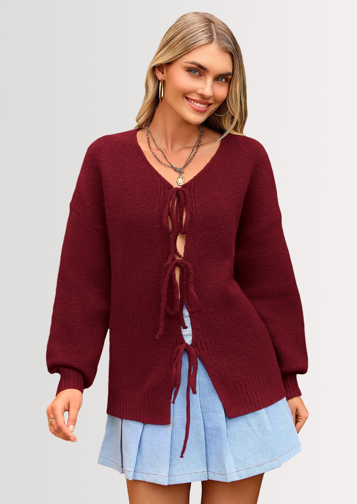 Women's Tie Front Bow Cardigan Sweaters Chunky Knit Long Puff Sleeve Trendy Fall Winter Jacket Coats
