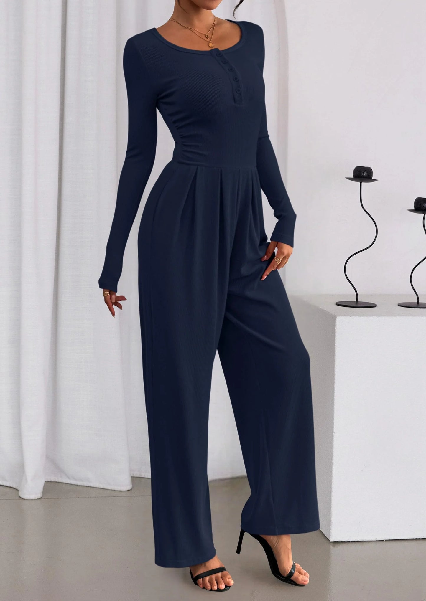 Jumpsuits for Women Dressy Casual Fall One Piece Outfits Long Sleeve Crew Neck Wide Leg Pants Rompers