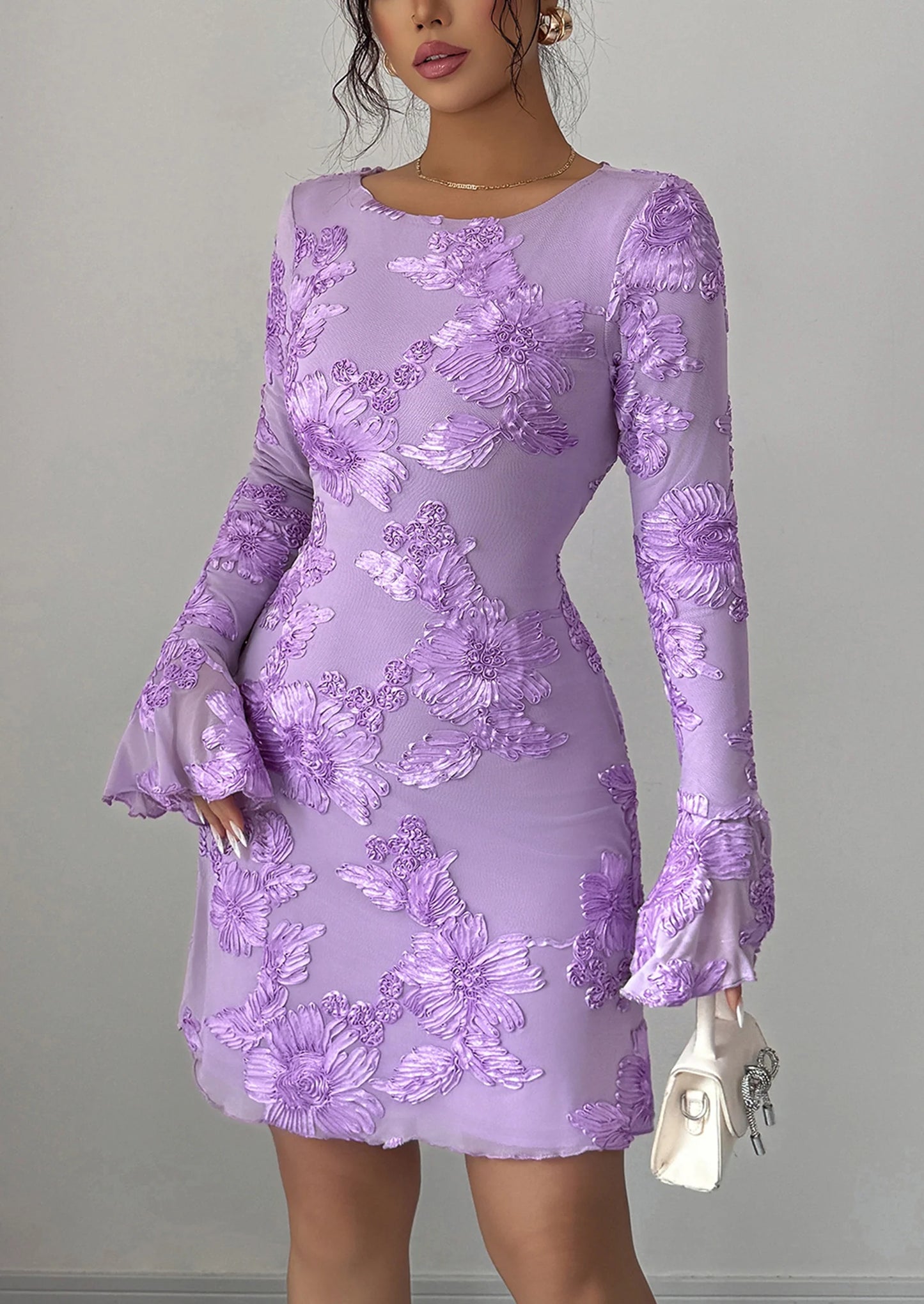 Women's Floral Embroidered Dress Fall Long Bell Sleeve Ribbon Flower Mini Short Mesh Bodycon Party Dresses