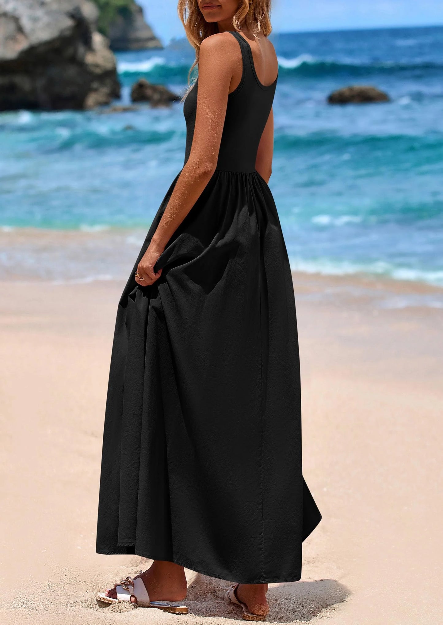 Womens Summer Casual Scoop Neck Sleeveless Long Dresses Tank Top Patchwork Aline Swing Maxi Dress with Pockets