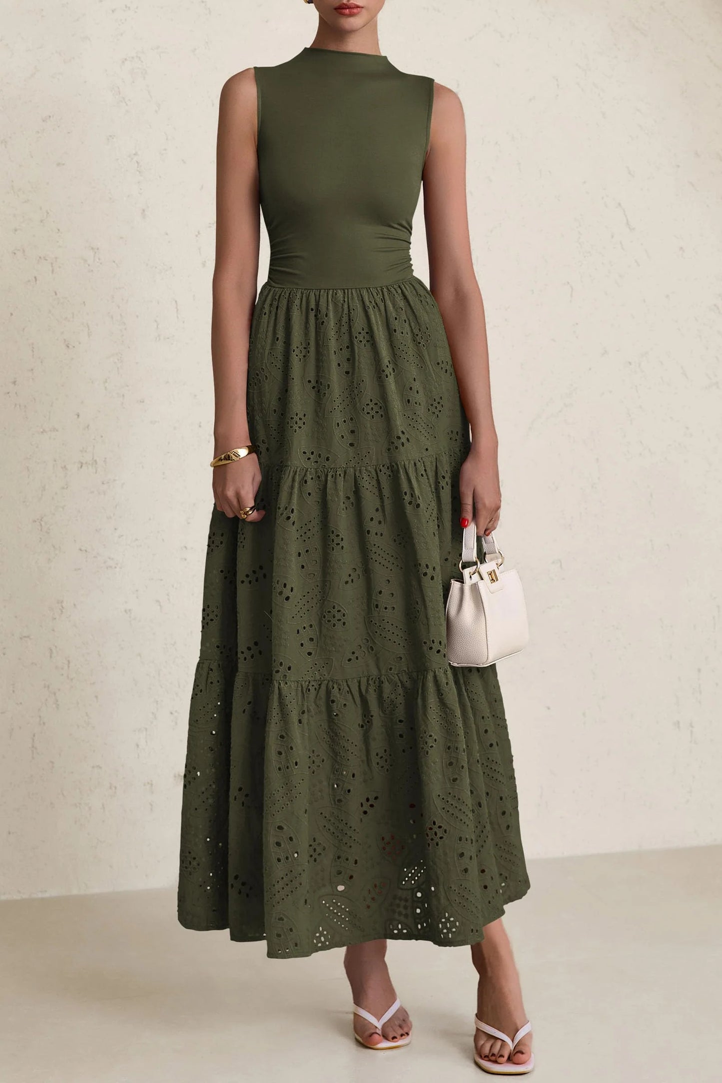 Dresses for Women Casual Eyelet Sleeveless Wedding Guest Maxi Dress Tank Top Sundress with Pockets