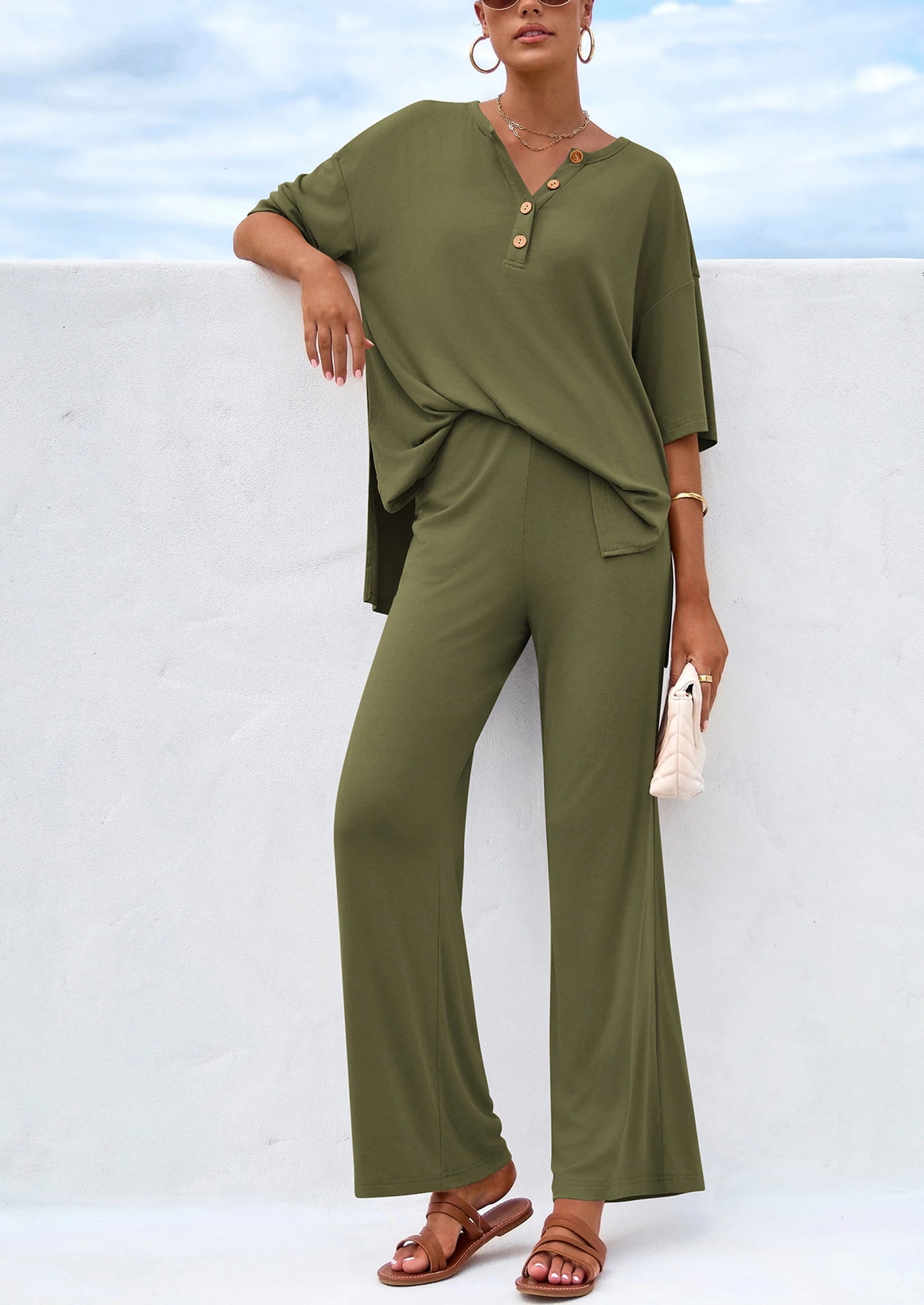Women's 2 Piece Outfits Summer Casual V Neck Short Sleeve Tops Wide Leg Pants Matching Lounge Sets
