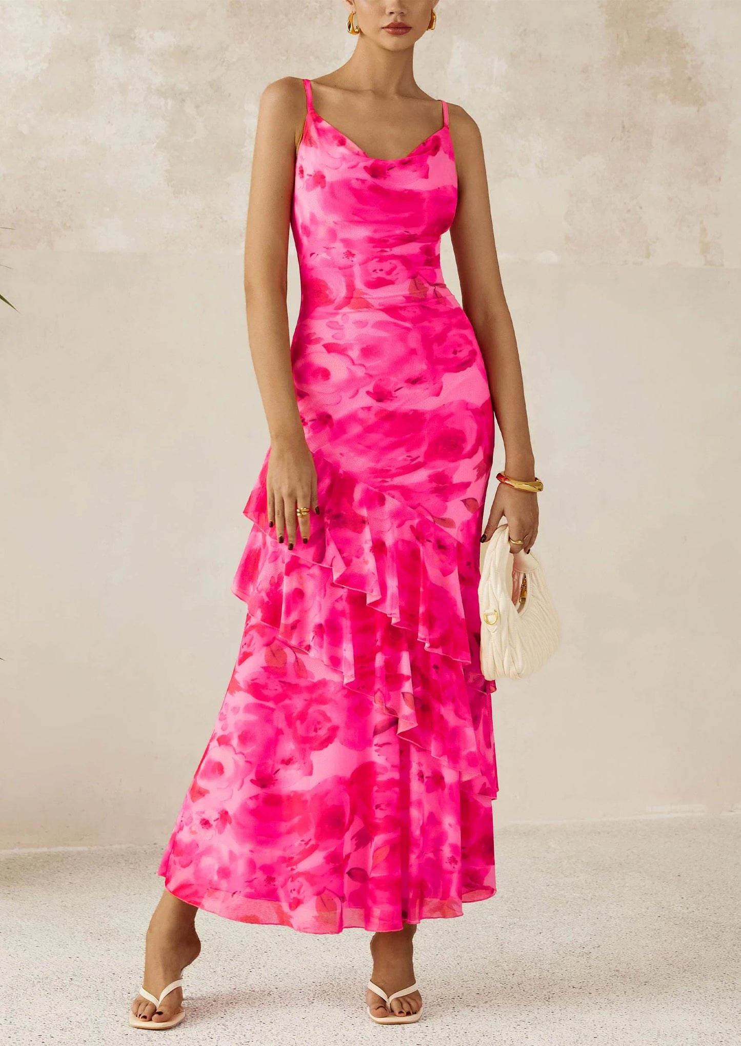 Maxi Dresses for Women Floral Beach Sundress Spaghetti Strap Tiered Wedding Guest Long Dress