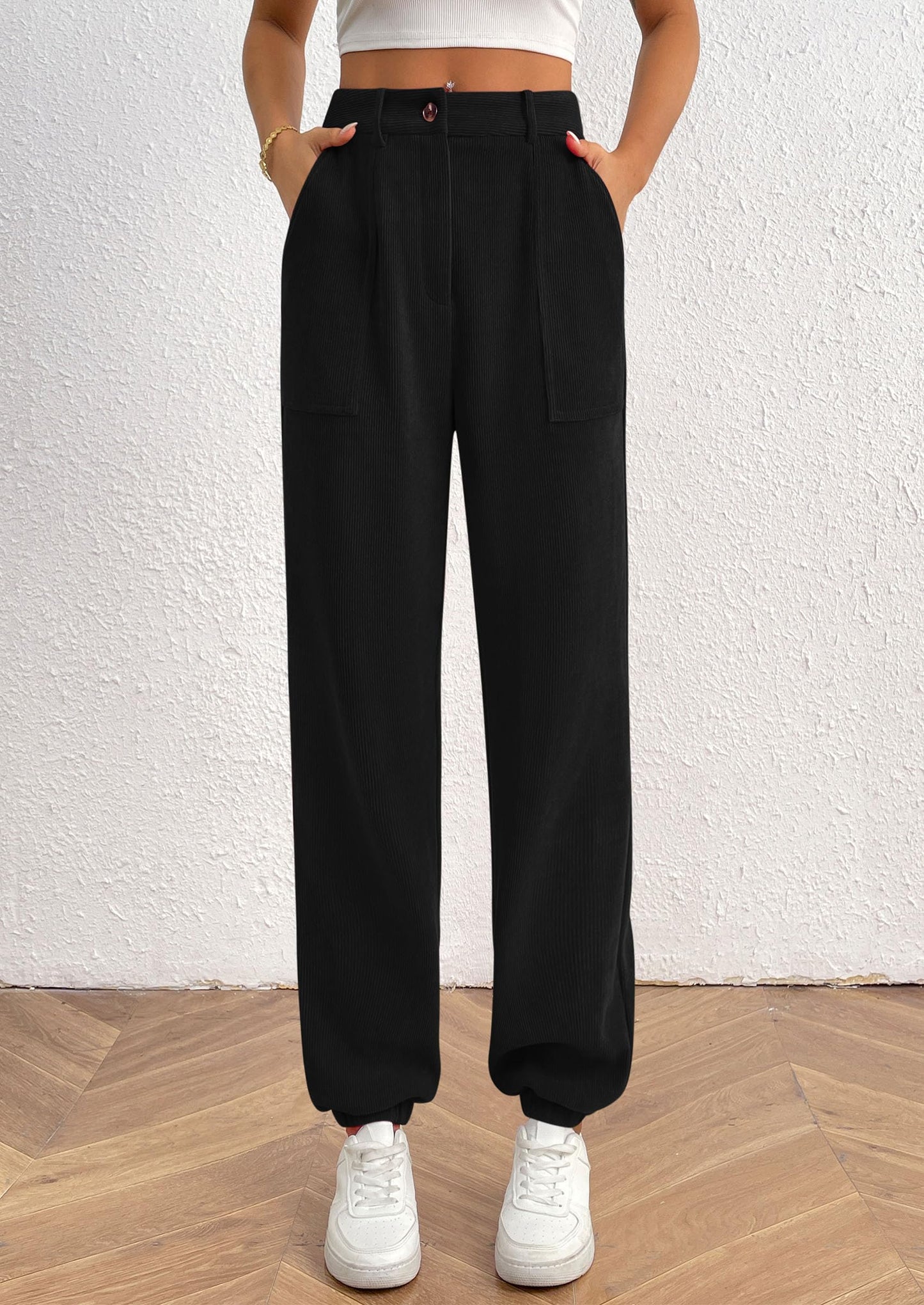 Women's Pants Dressy Casual Fall Elastic High Waisted Work Office Corduroy Trouser Slacks with Pockets