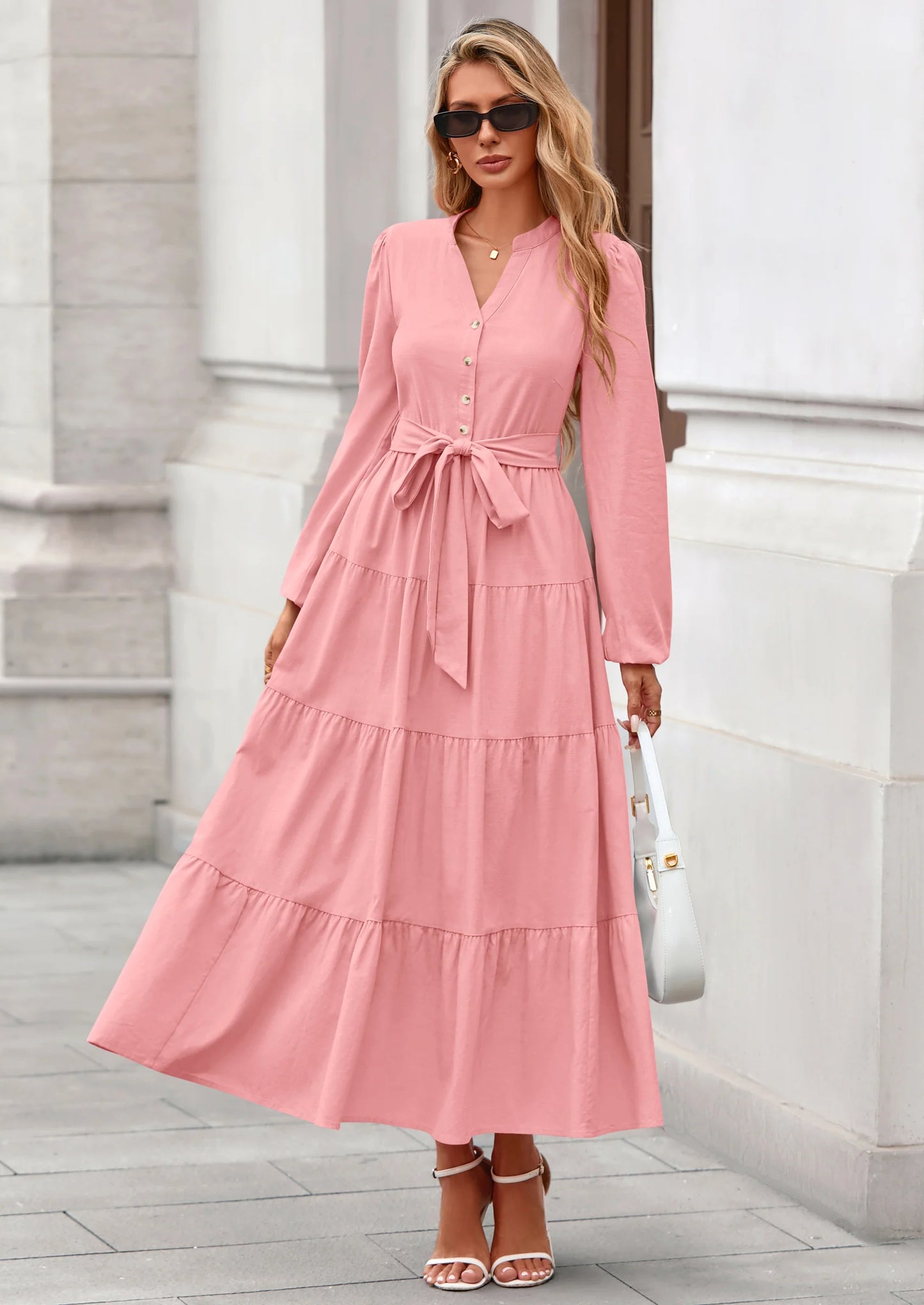 Fall Dresses for Women Long Sleeve V Neck Belted Ruffle A Line Flowy Boho Maxi Wedding Guest Dress Pockets