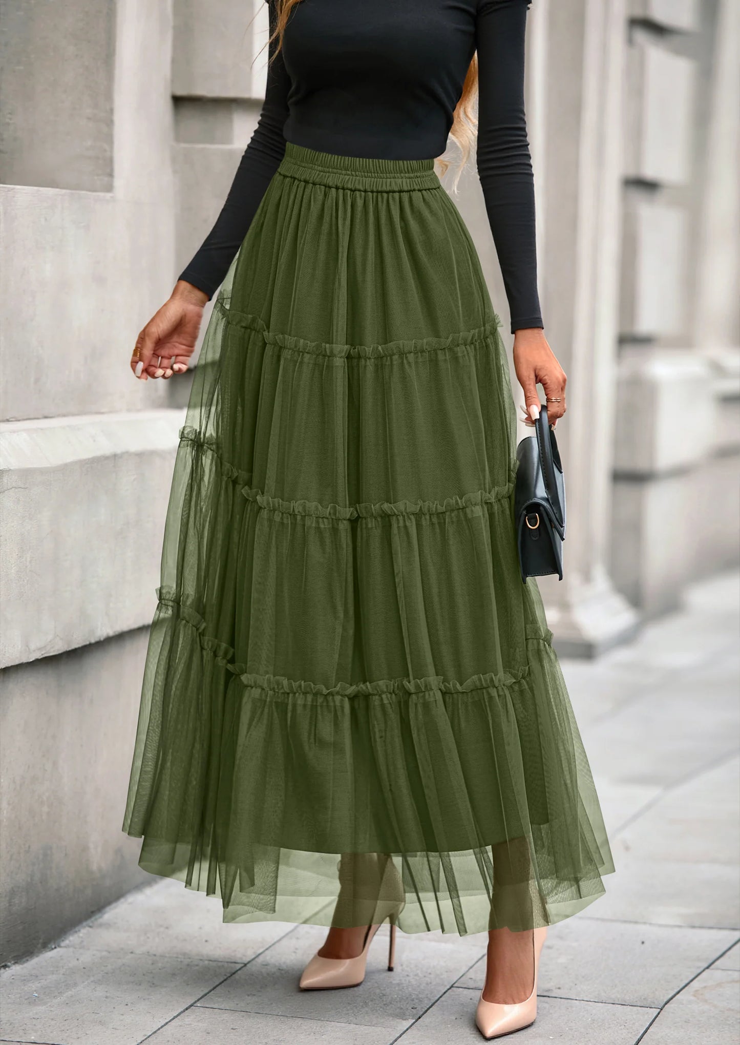 Maxi Skirts for Women Fall Tulle High Waisted Ruffle Flowy A-Line Long Skirt Country Concert Outfits
