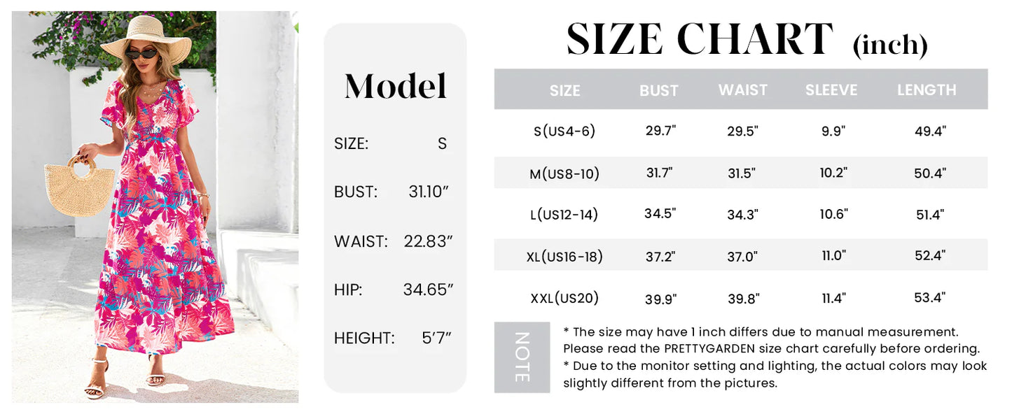 Women Floral Boho Maxi Dresses Short Sleeve V Neck Smocked A Line Long Flowy Beach Vacation Dress