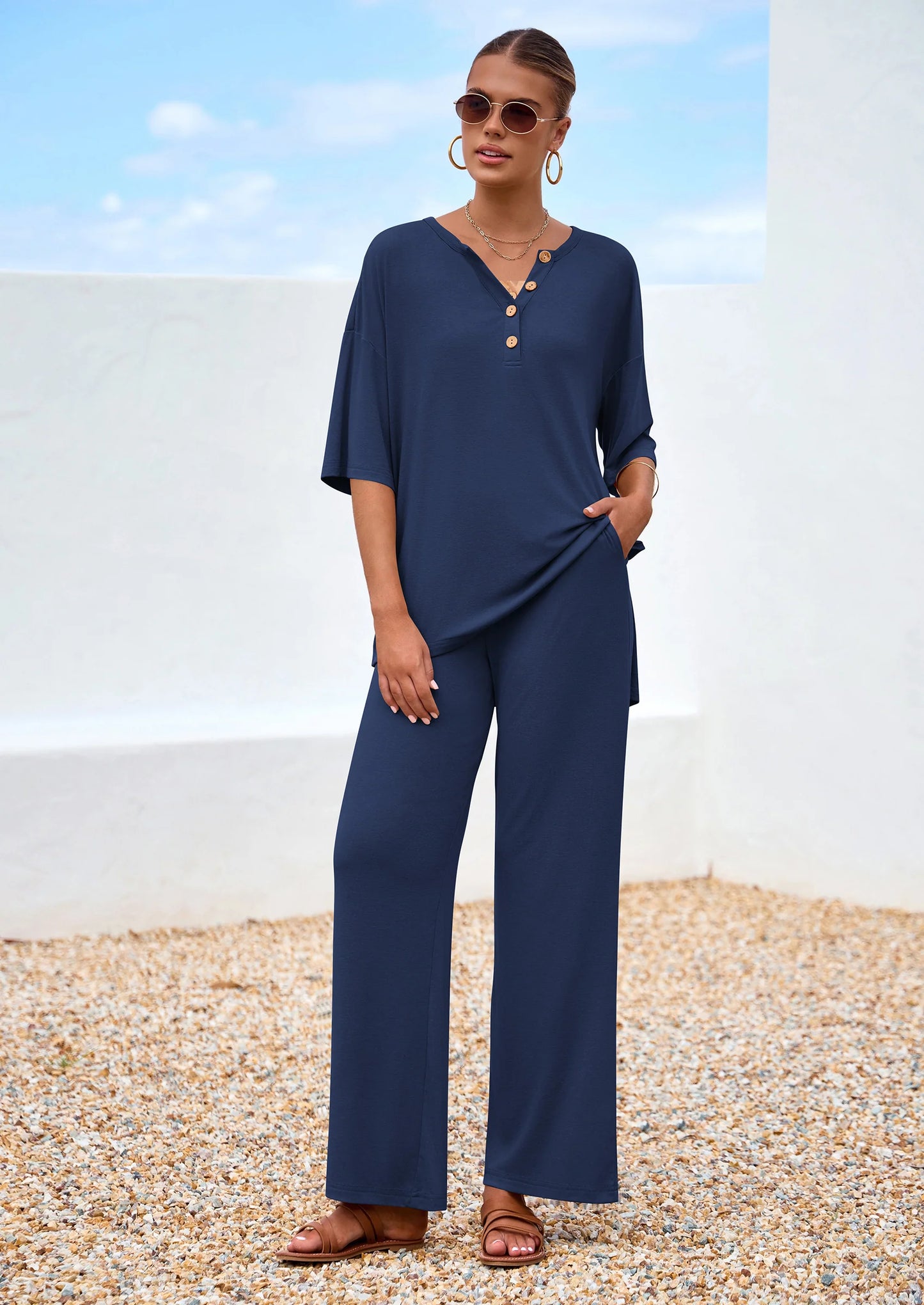 Women's 2 Piece Outfits Summer Casual V Neck Short Sleeve Tops Wide Leg Pants Matching Lounge Sets