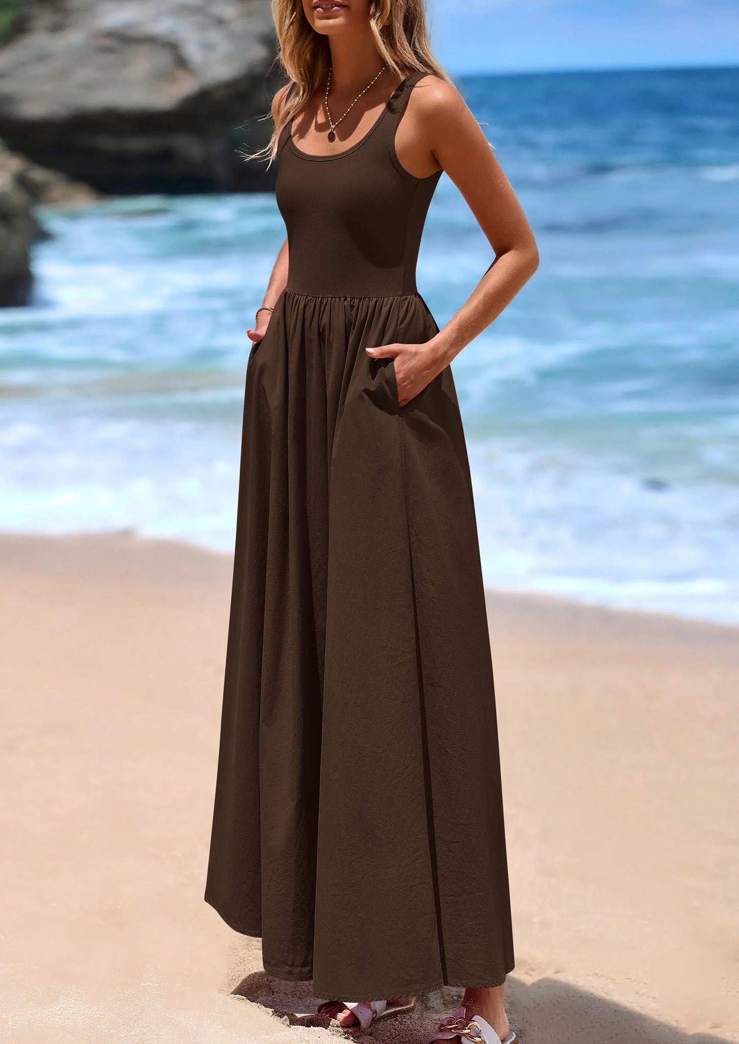 Womens Summer Casual Scoop Neck Sleeveless Long Dresses Tank Top Patchwork Aline Swing Maxi Dress with Pockets