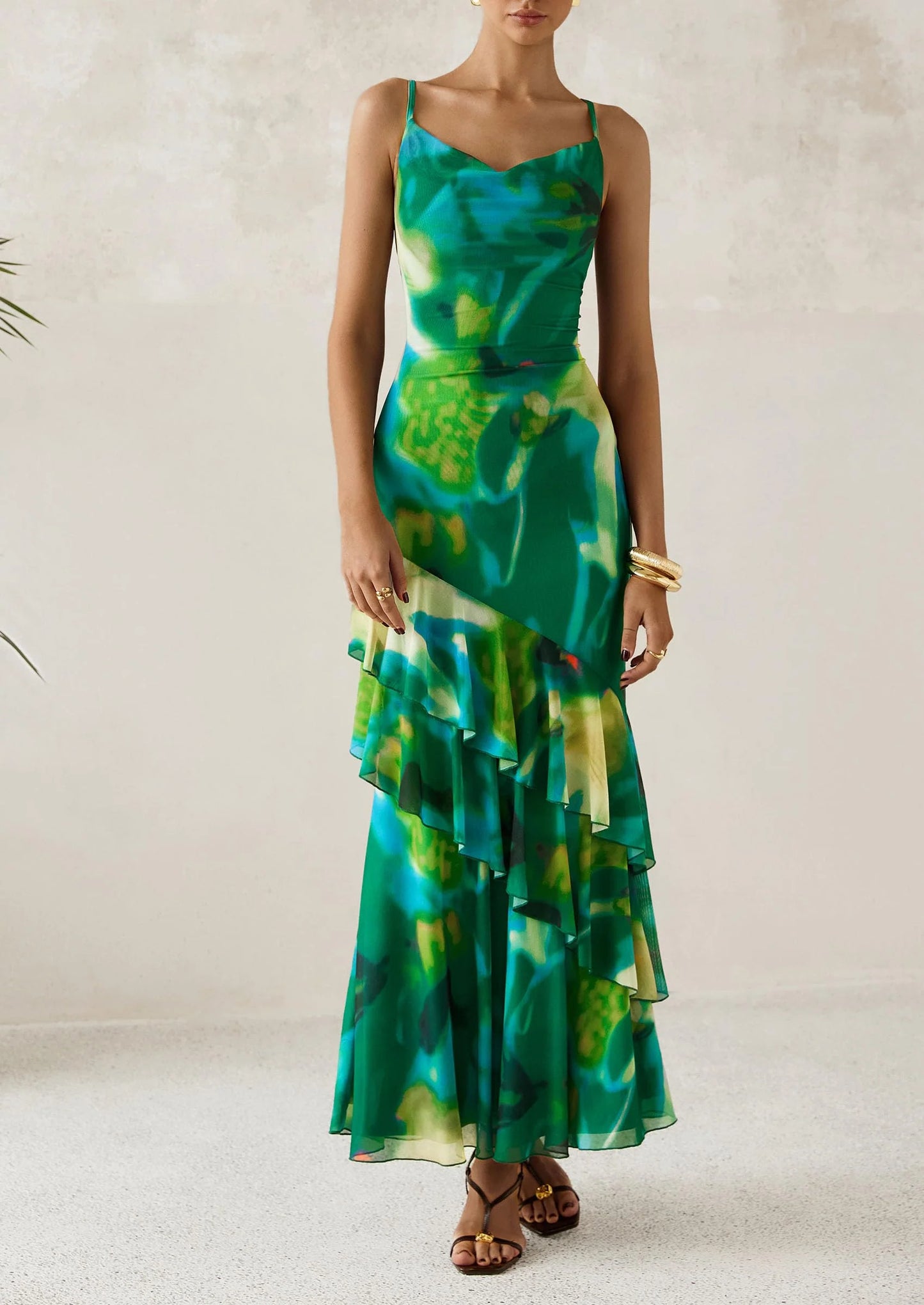 Maxi Dresses for Women Floral Beach Sundress Spaghetti Strap Tiered Wedding Guest Long Dress