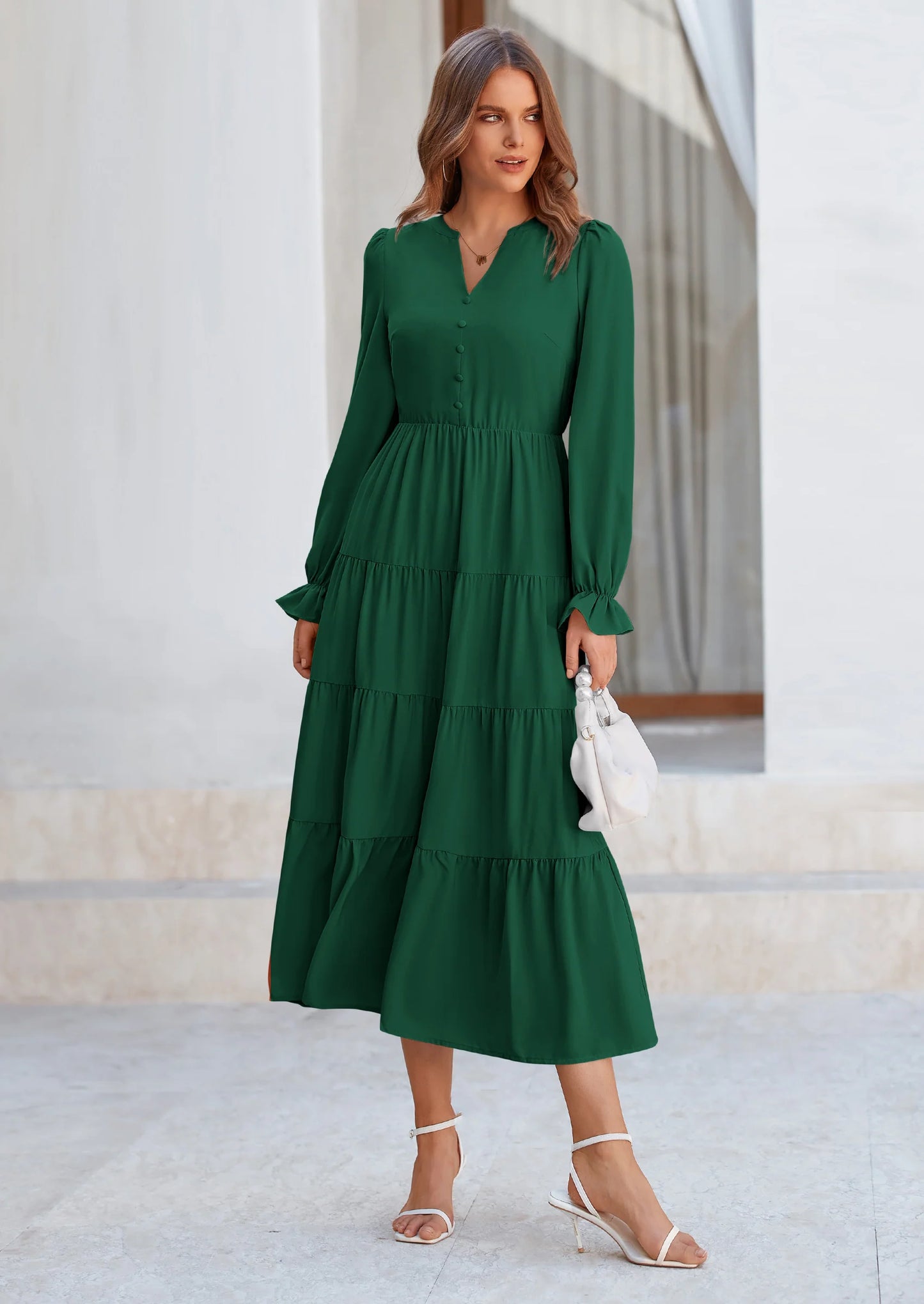 Women Fall Long Sleeve Smocked Maxi Dress Casual Square Neck Swiss Dot Tiered Ruffle Flowy Spring Pocket Dresses
