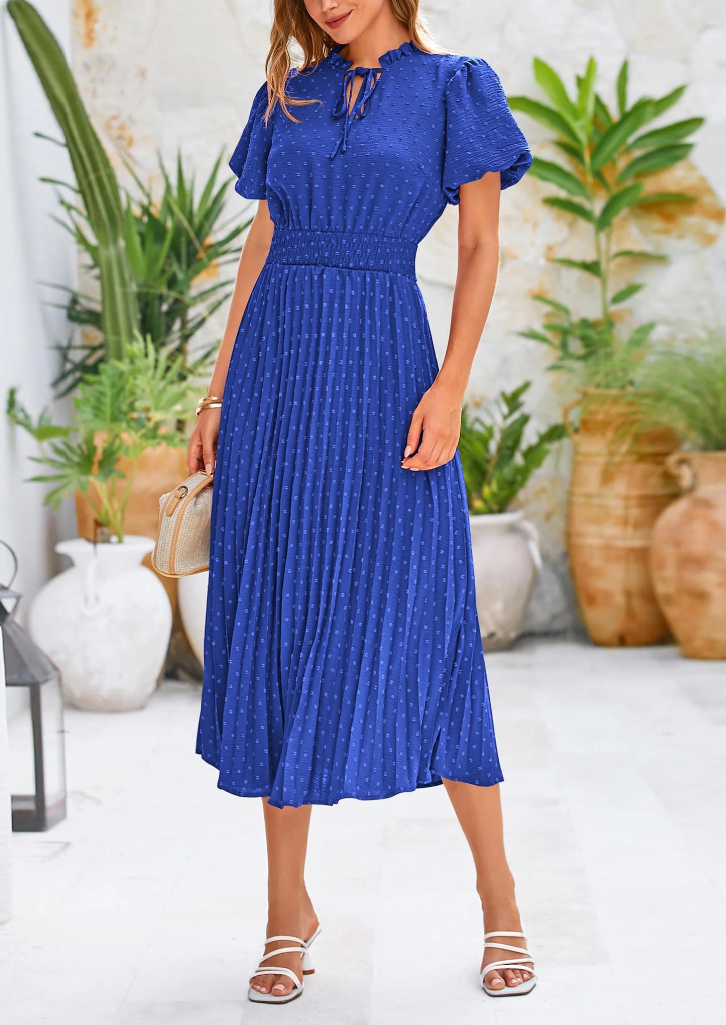 Womens Midi Dresses Puff Short Sleeve V Neck Swiss Dot Pleated A Line Flowy Long Wedding Guest Dress