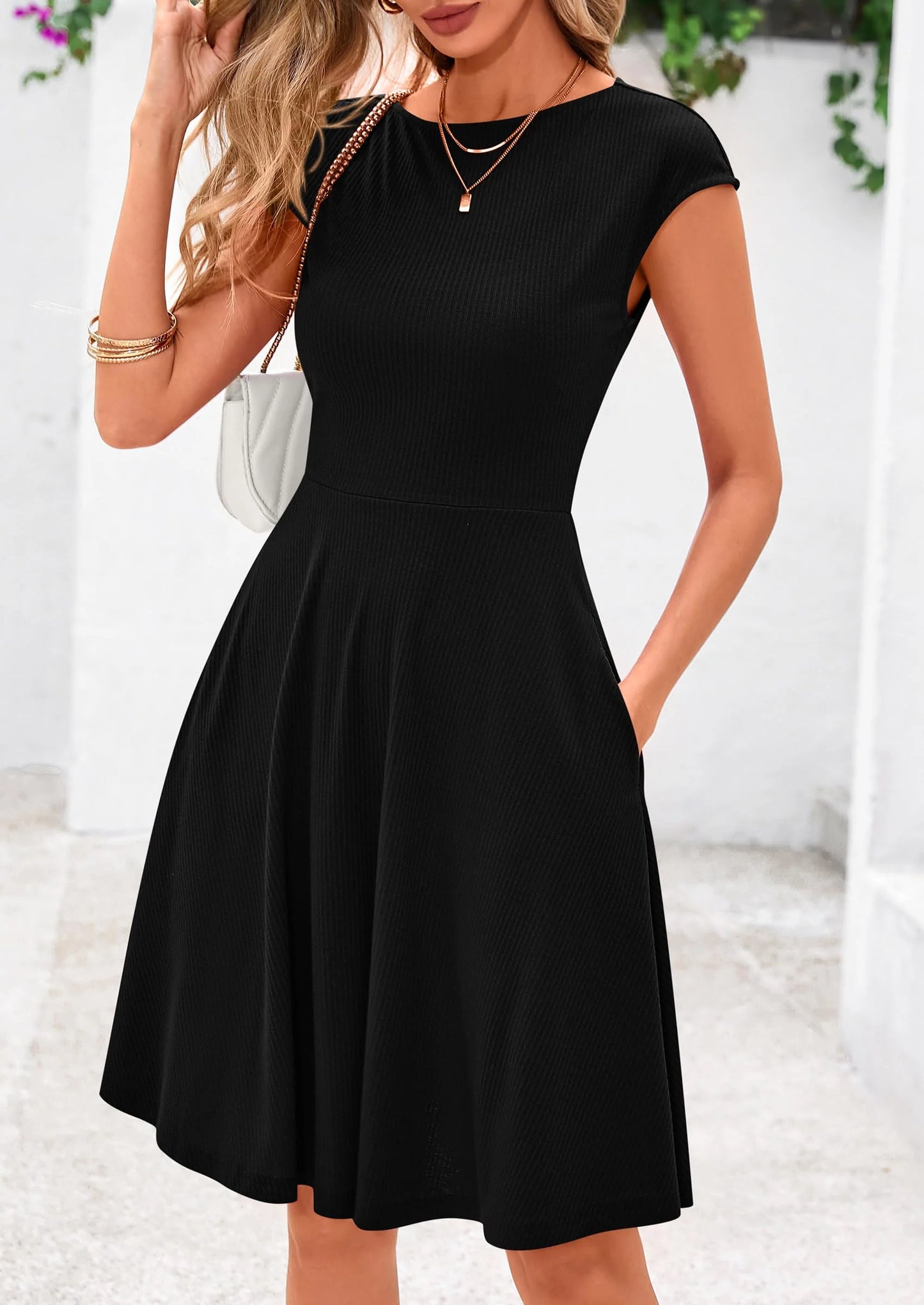 Womens Short Summer Dress Crewneck Cap Sleeve Ribbed Knit Casual Flowy A Line Mini Sundresses with Pockets