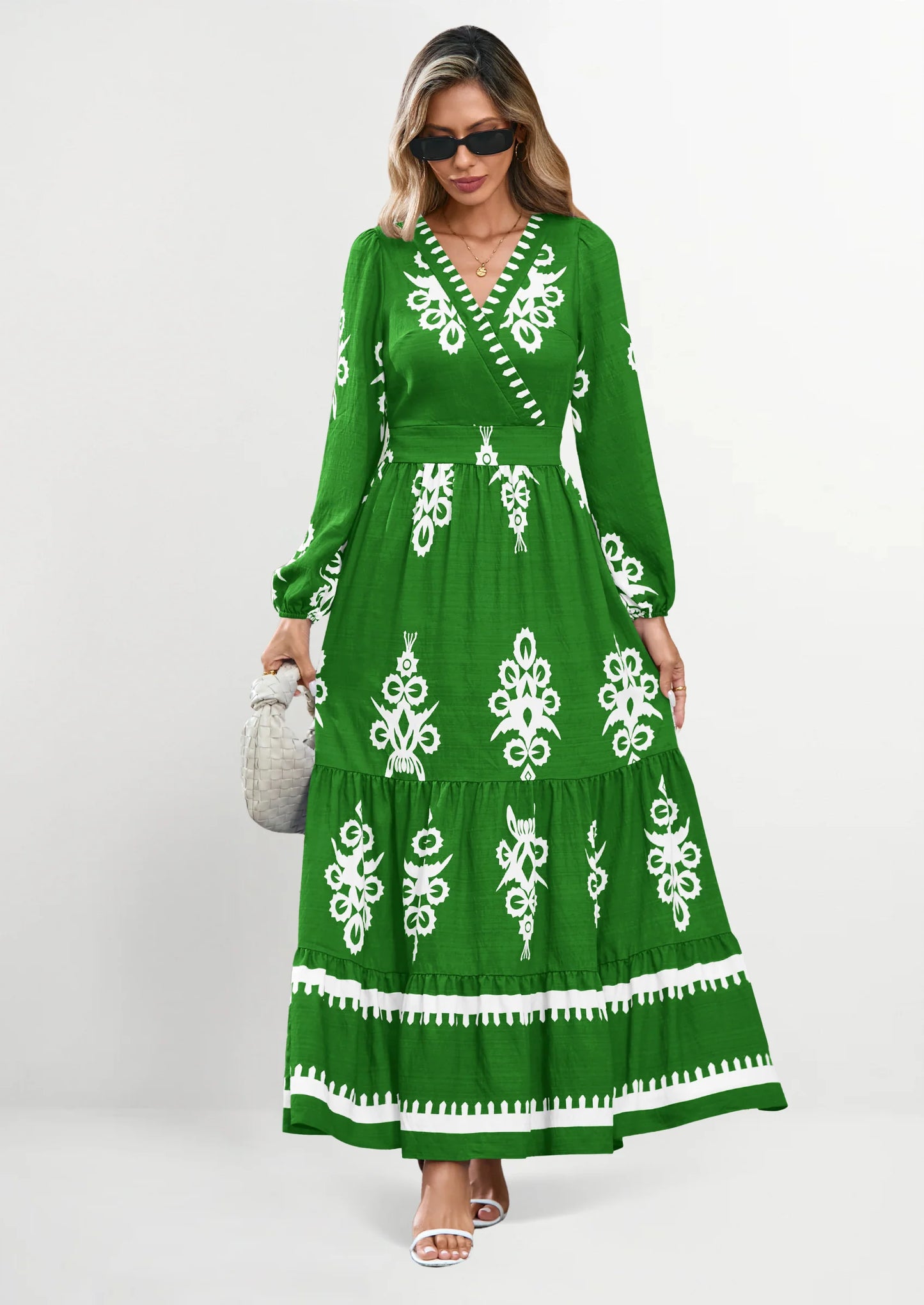 Women's Fall Wedding Guest Dresses Boho Floral Long Sleeve V Neck Flowy Elegant Maxi Dress Beach Clothes