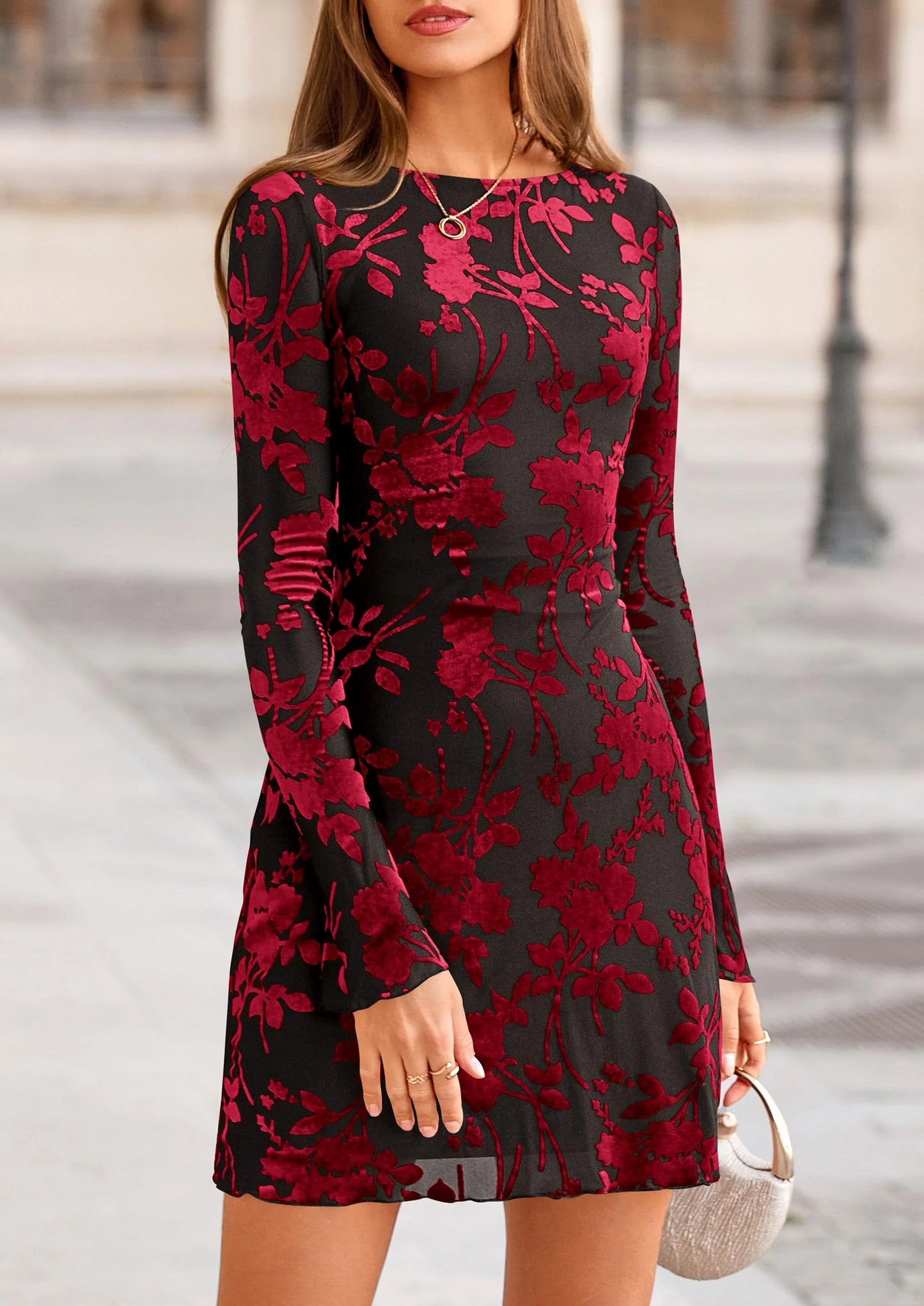 Women's Fall Fashion Floral Long Sleeve Mini Dress Mesh Bodycon Short Party Date Night Going Out Dresses