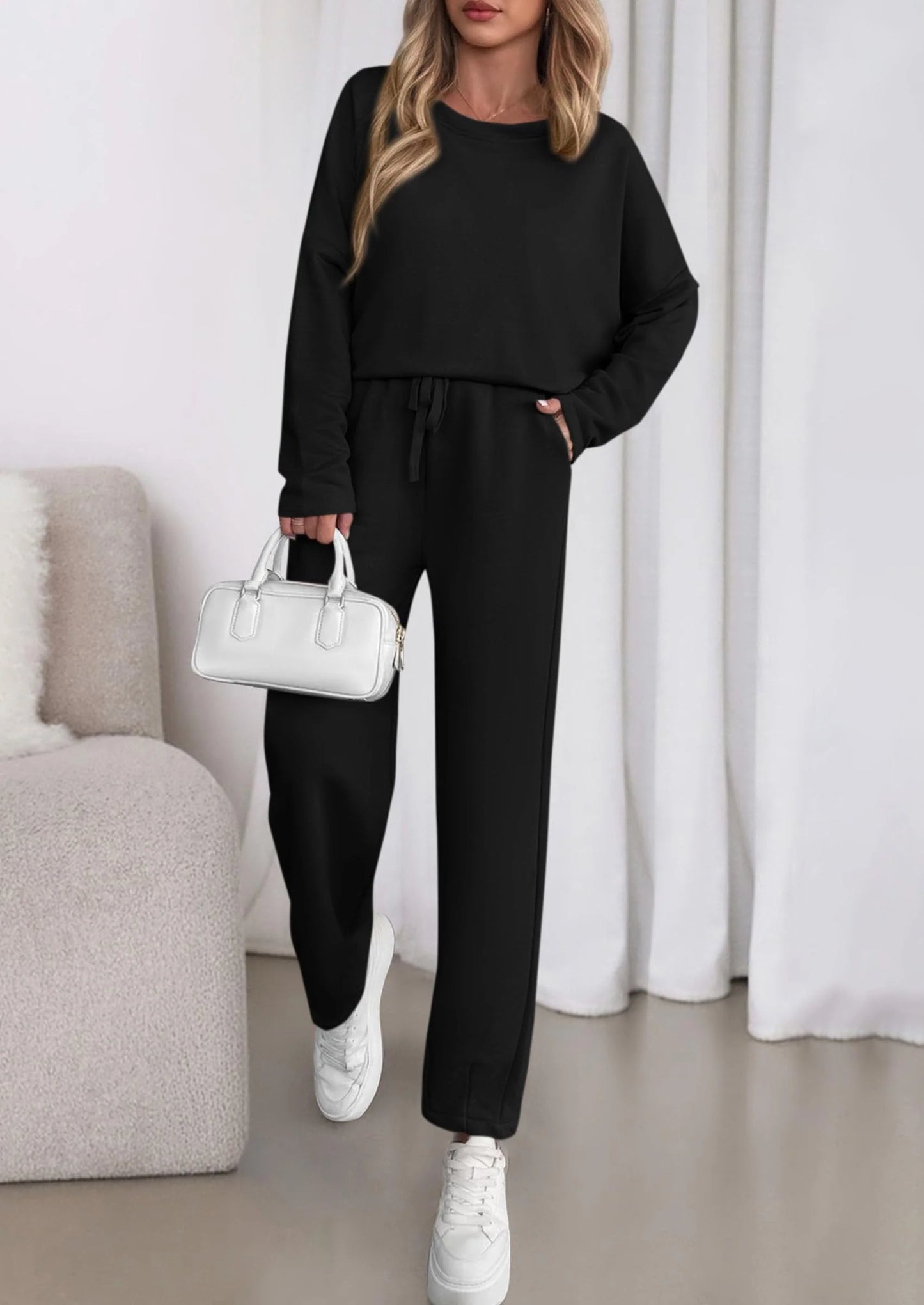 Womens 2 Piece Matching Lounge Sets Fall Long Sleeve Boatneck Sweatsuit Drawstring Sweatpants Pockets