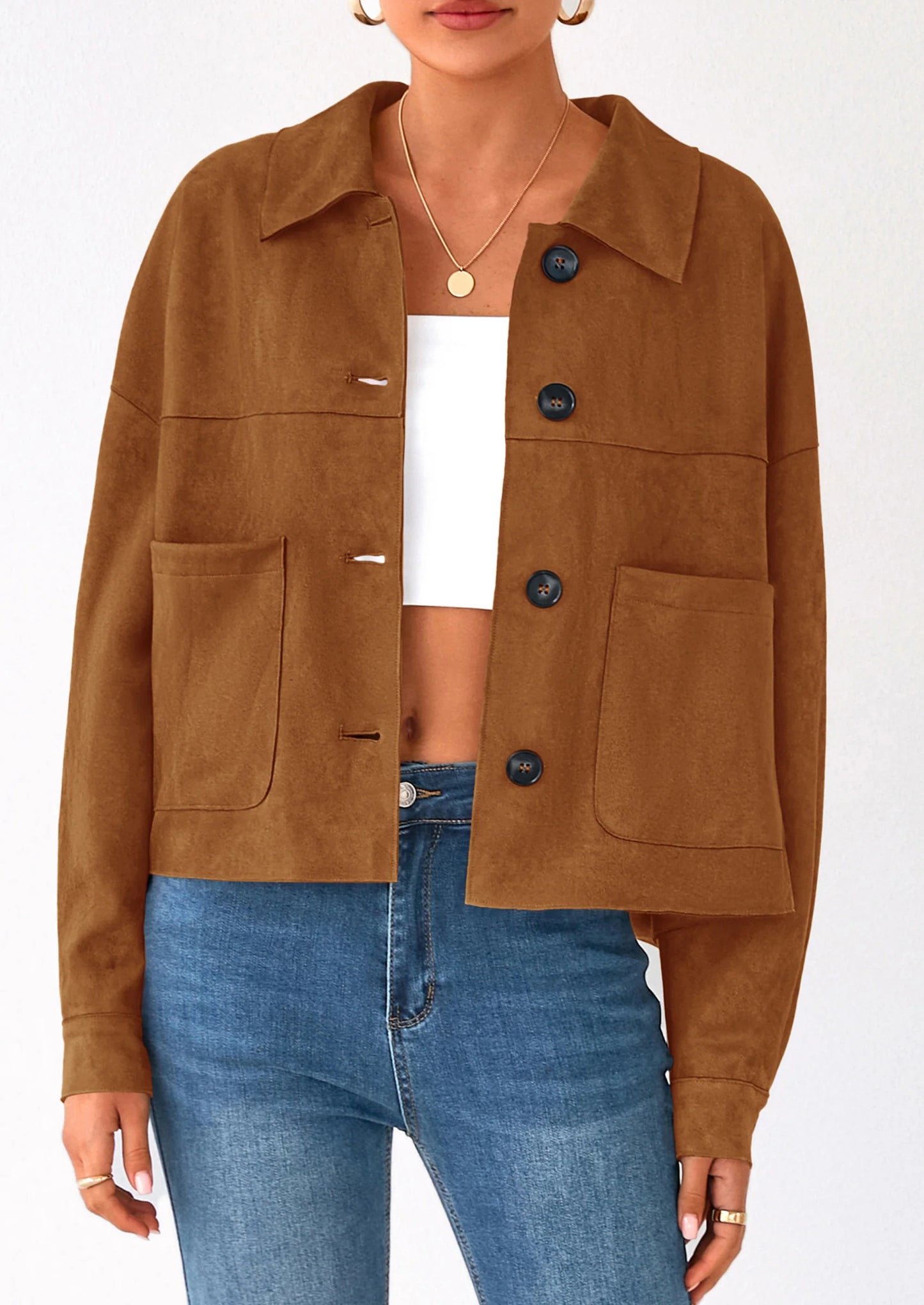 Women's Faux Suede Cropped Jacket Casual Lightweight Fall Fashion Winter Coats Outerwear Trendy Clothes