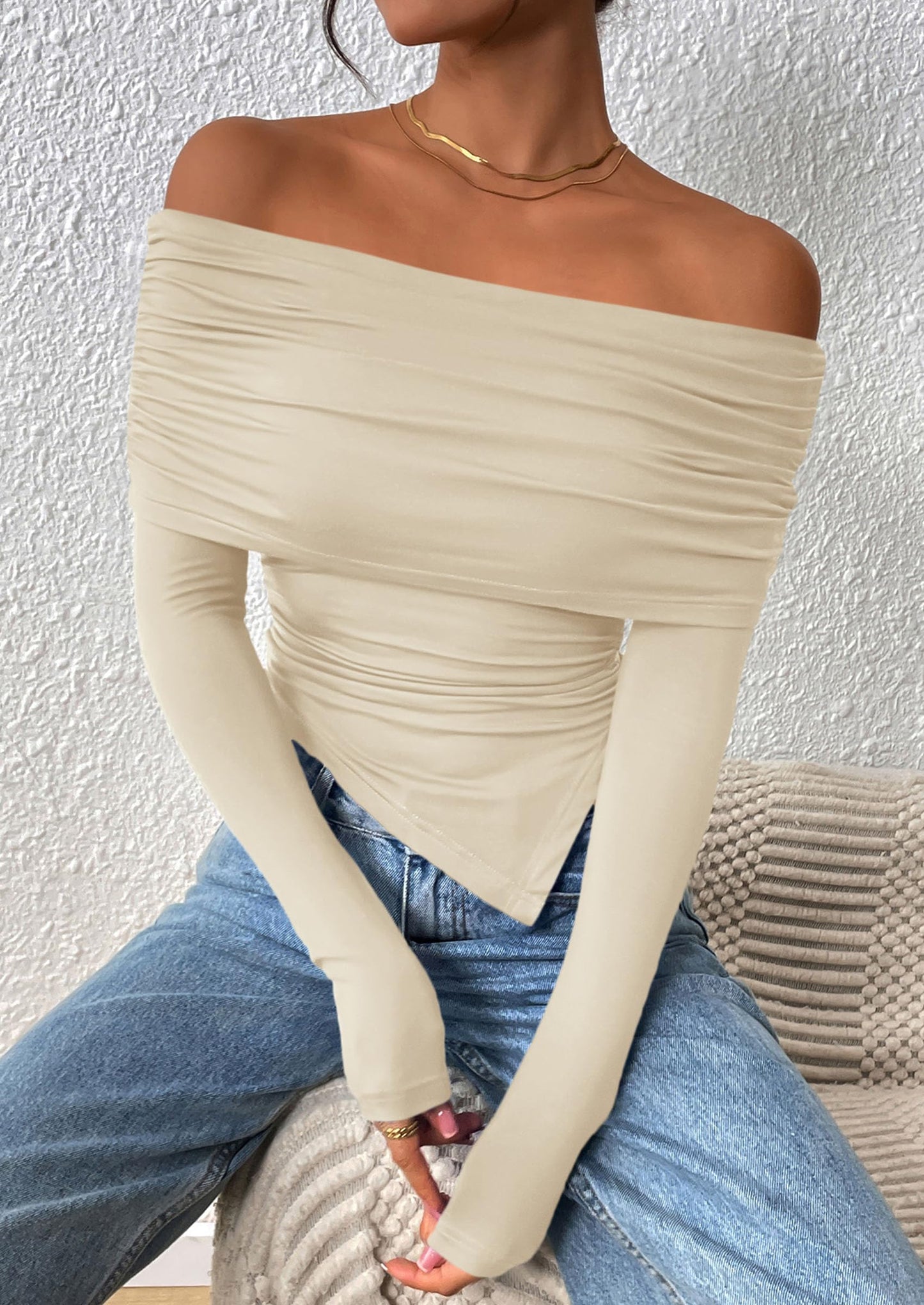 Women's Long Sleeve Shirts Off Shoulder Tops Going Out Slim Fitted Y2K Blouses Fall Fashion Clothes
