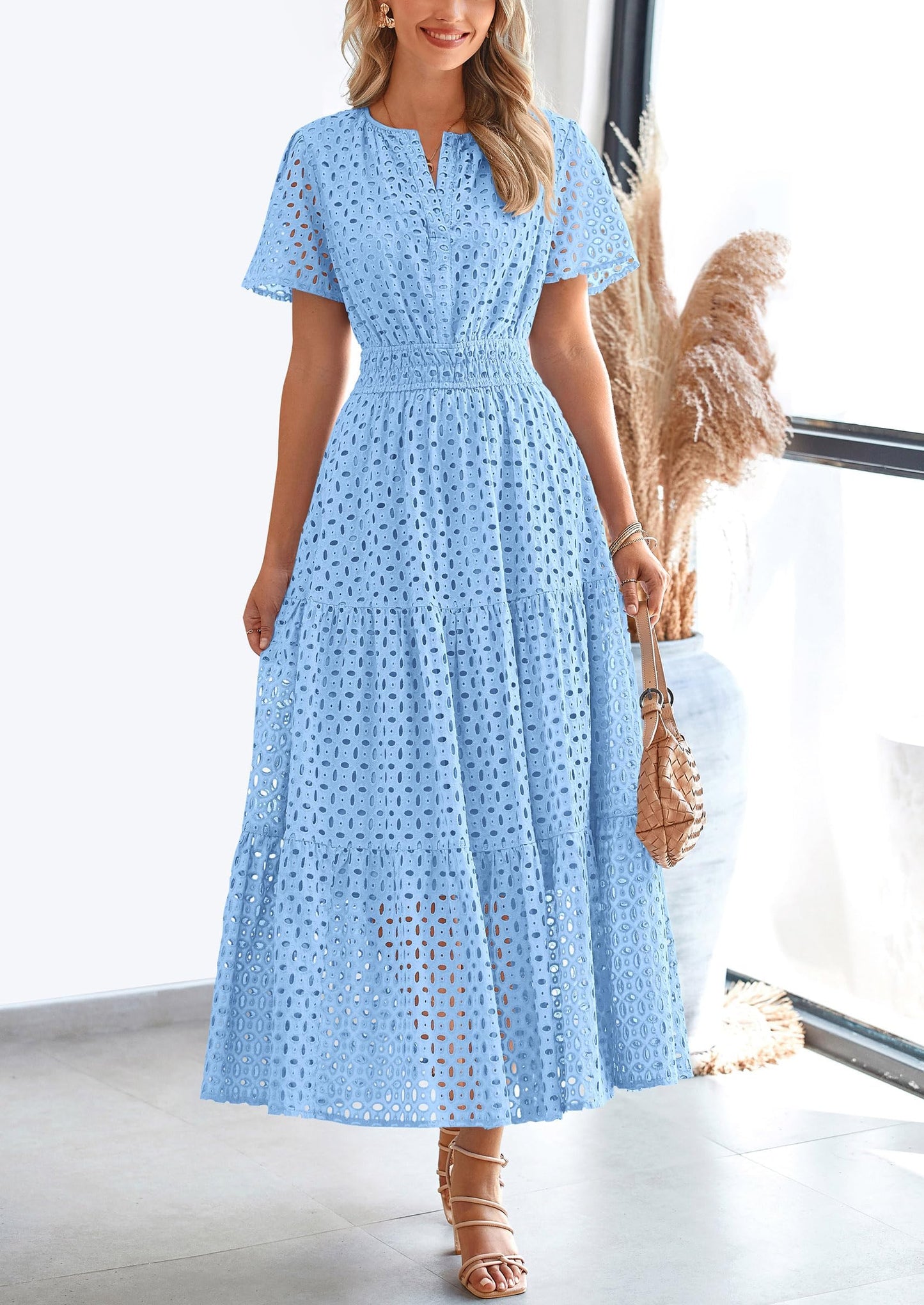 Womens Maxi Dress Short Sleeve V Neck Hollow Out Eyelet A Line Long Flowy Beach Vacation Dresses