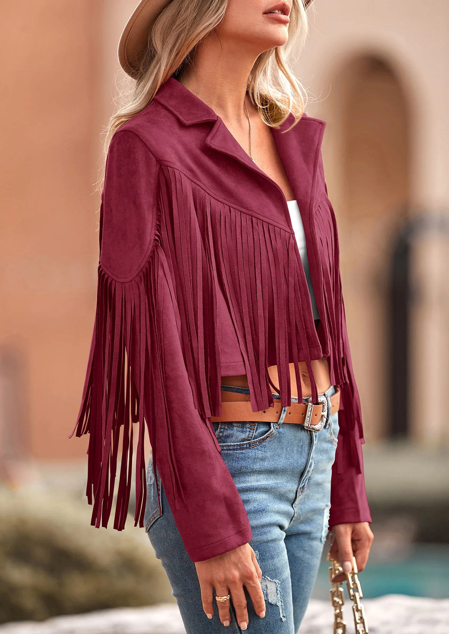 Women's Fringe Faux Suede Leather Jackets Fashion Tassel Motorcycle Cropped Coats