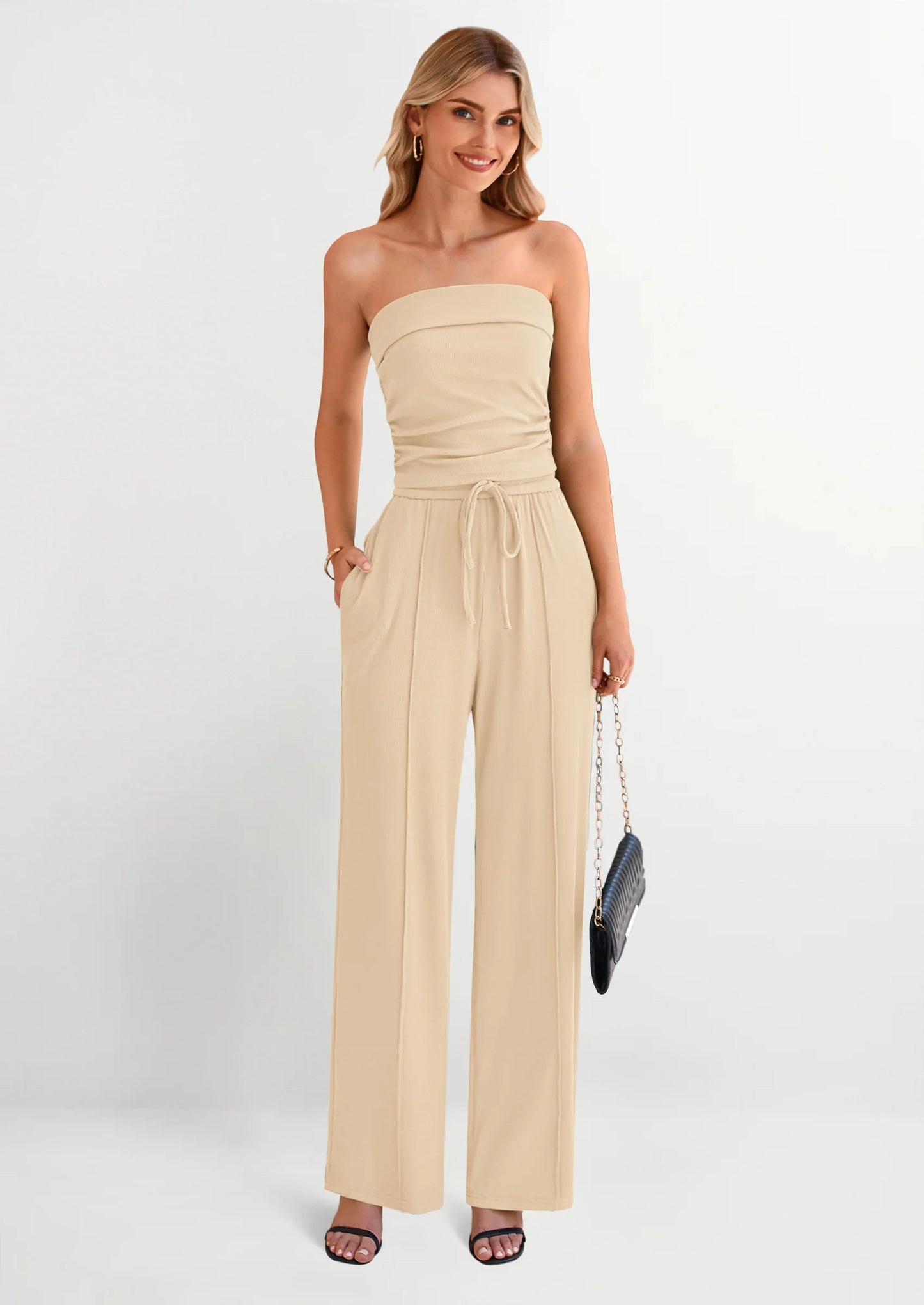 2 Piece Sets Casual Ribbed Knit Crop Tube Top Wide Leg Pants Lounge Set