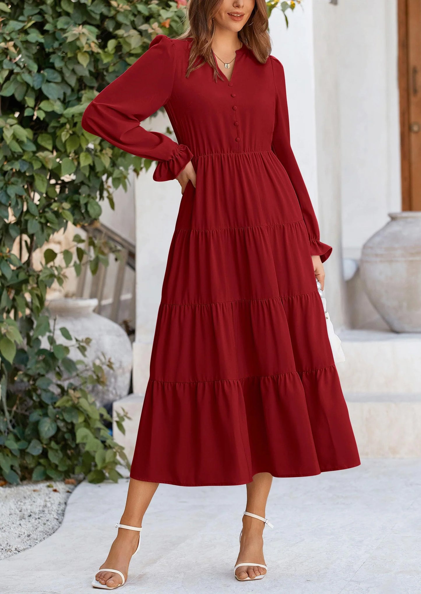 Women Fall Long Sleeve Smocked Maxi Dress Casual Square Neck Swiss Dot Tiered Ruffle Flowy Spring Pocket Dresses