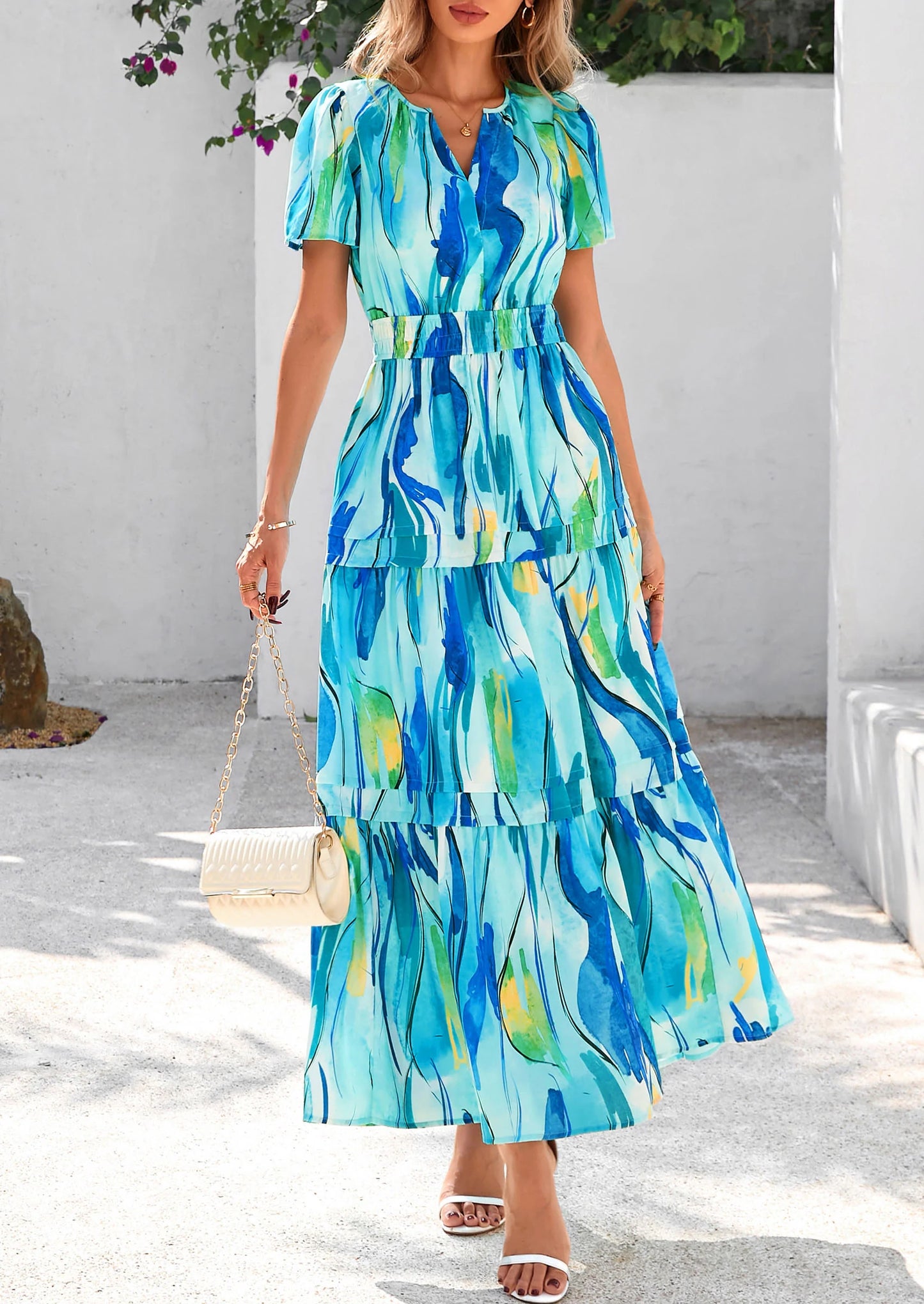 Women's Boho Maxi Dresses Floral Short Sleeve V Neck A Line Tiered Flowy Long Beach Vacation Dress