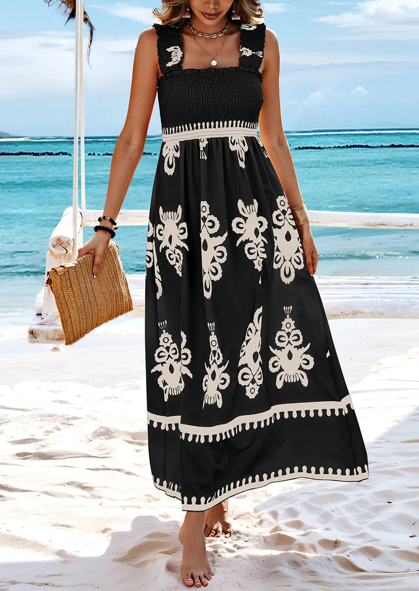 Womens Summer Boho Maxi Dress Casual Sleeveless Square Neck Floral Aline Smocked Beach Dresses with Pockets