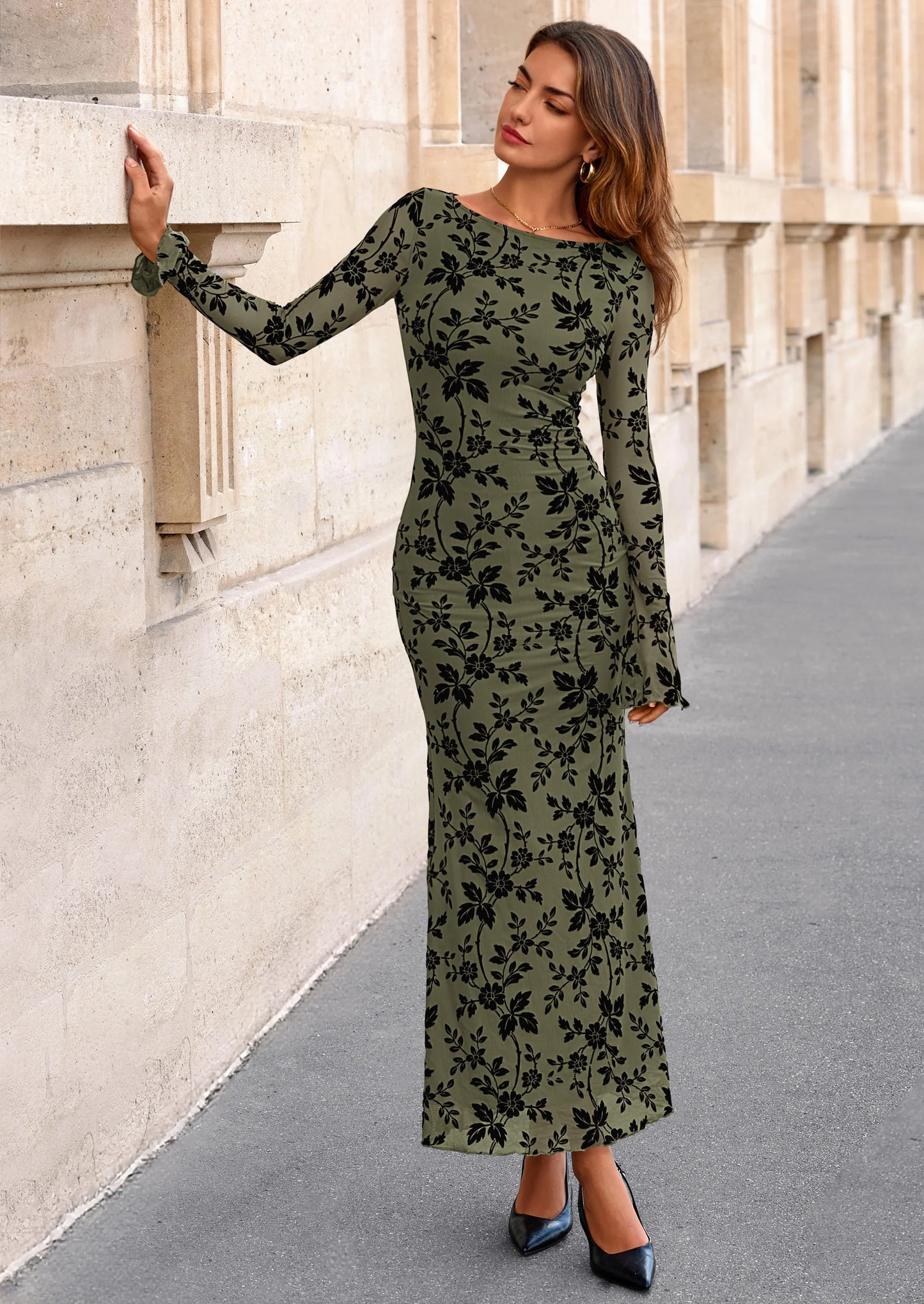 Women's Floral Bodycon Maxi Dress Fall Elegant Mesh Long Sleeve Formal Wedding Guest Cocktail Dresses