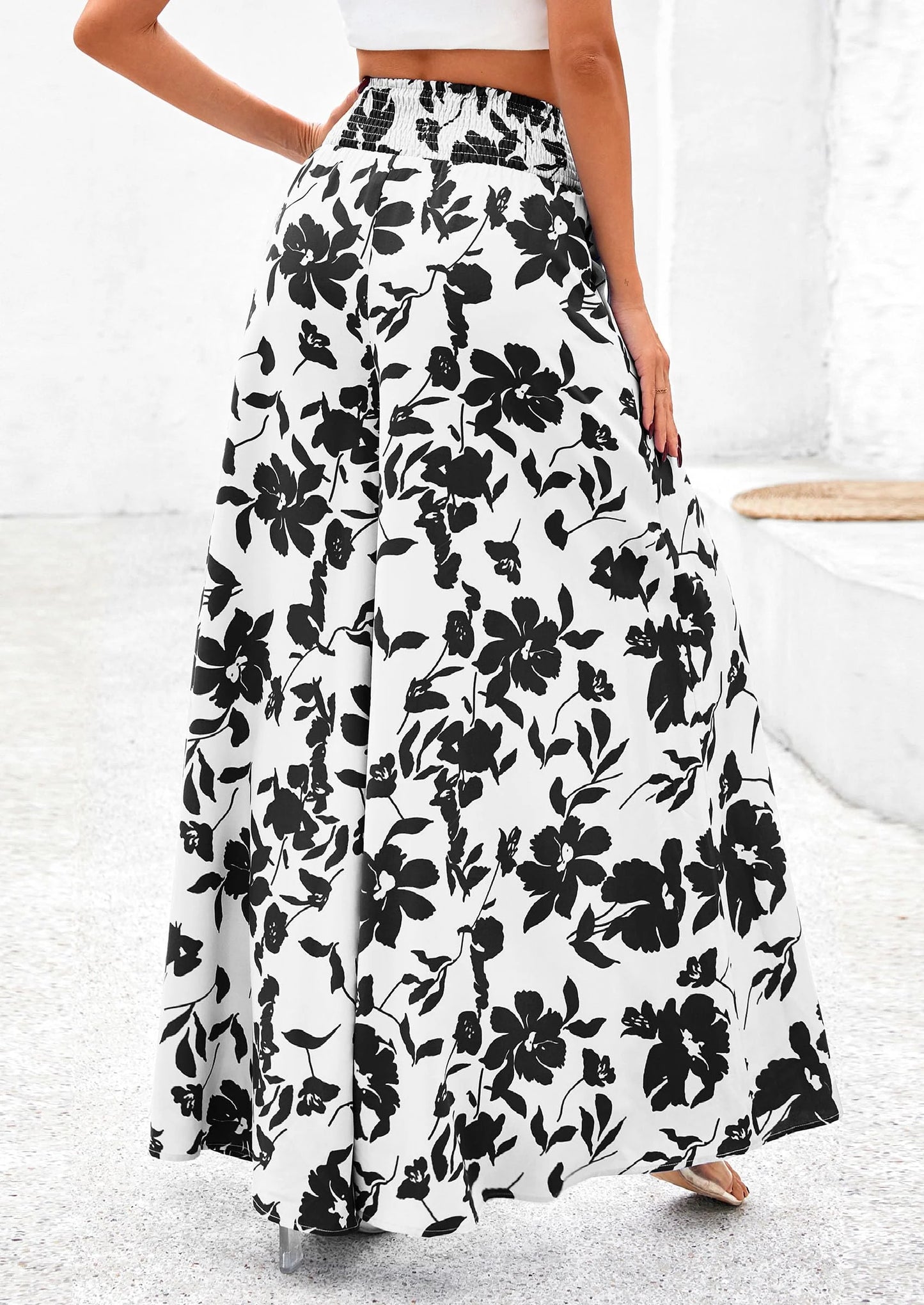 Casual Elastic High Waisted Pockets Boho Beach Wide Leg Palazzo Pants