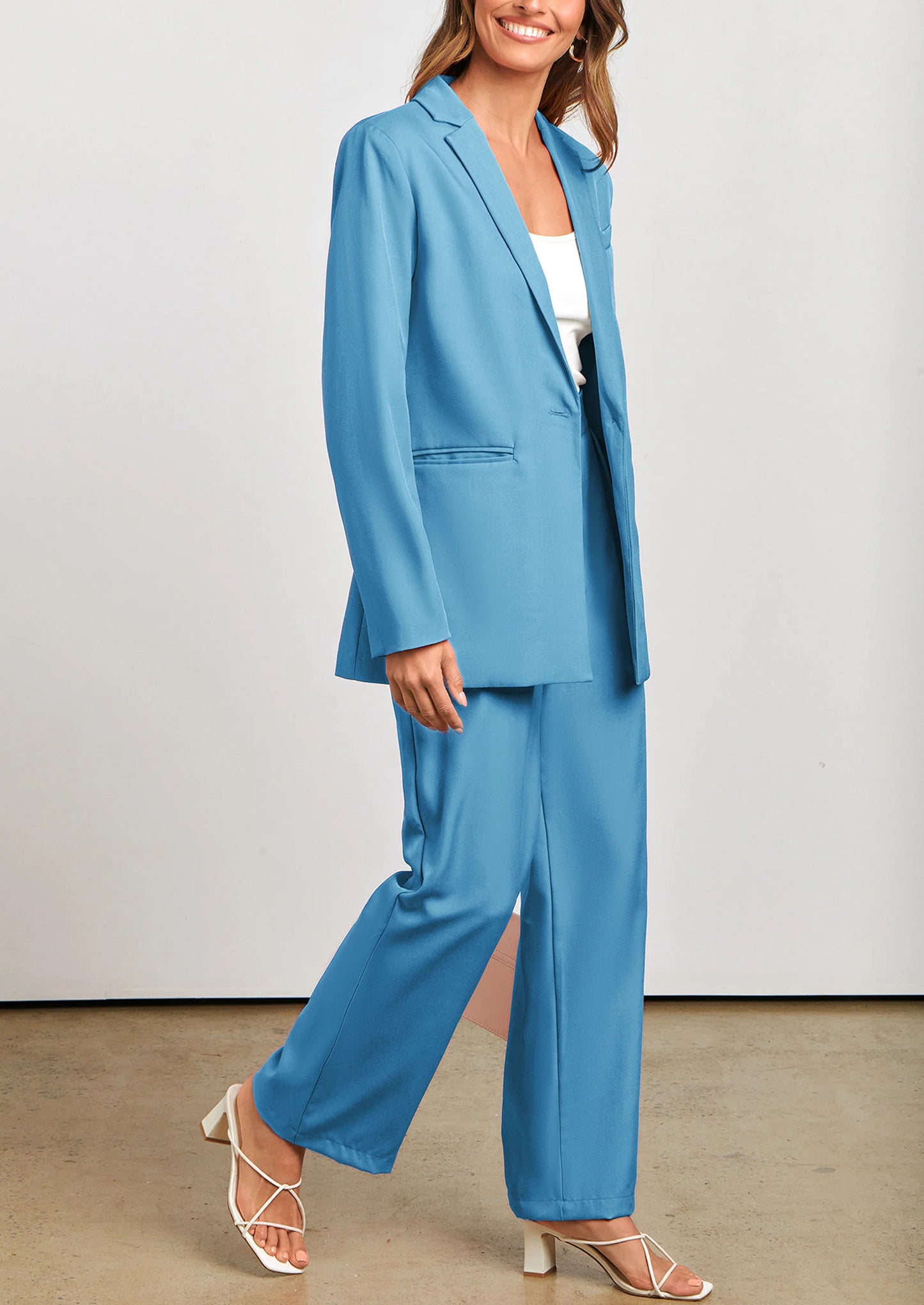 Women's Fall Two Piece Outfits Dressy Blazer Jacket and Wide Leg Pants Pockets Business Casual Office Suit Sets