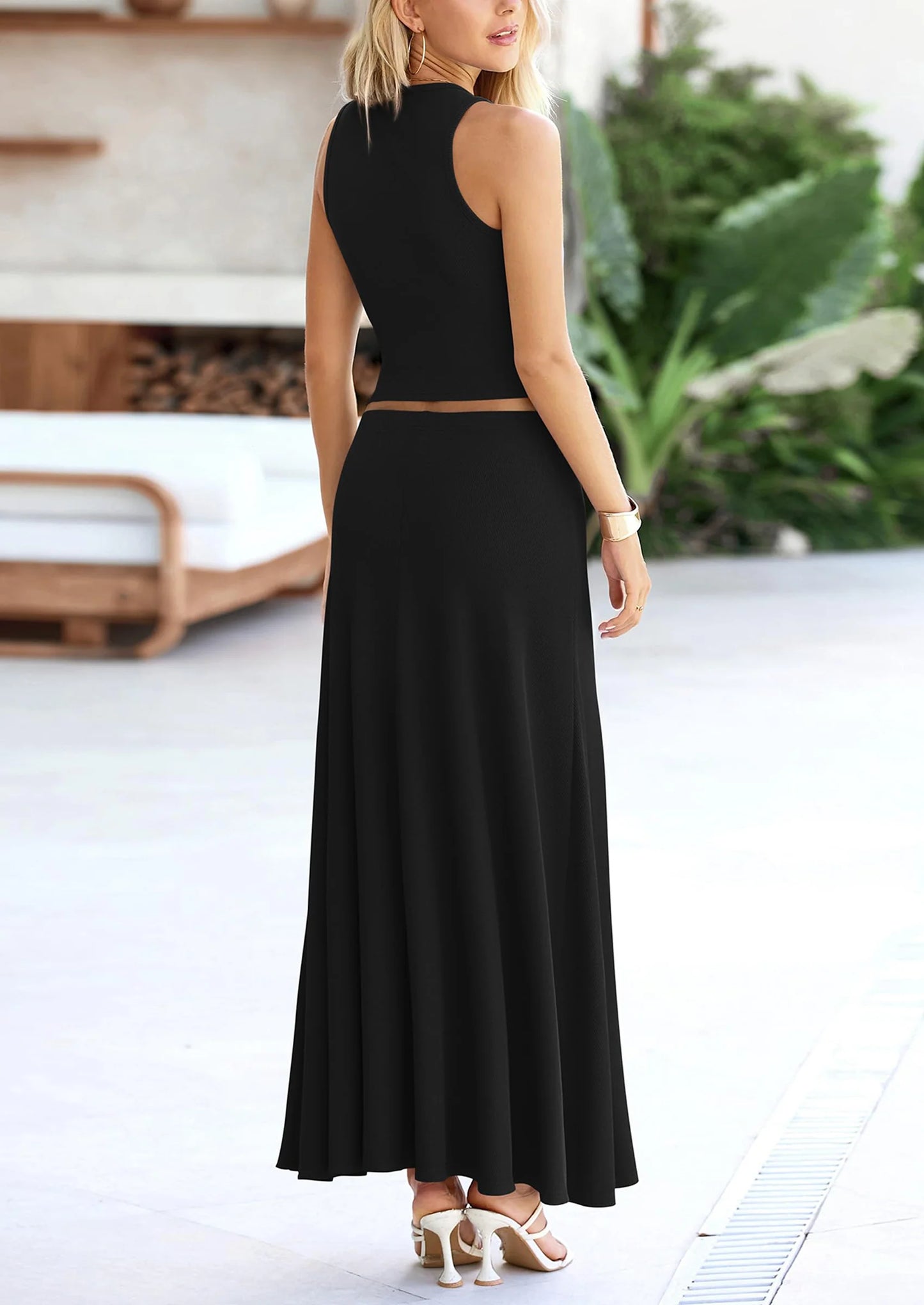 2 Piece Maxi Skirt Sets Casual Knit Cropped Tank Top High Waisted Long Skirts Outfit