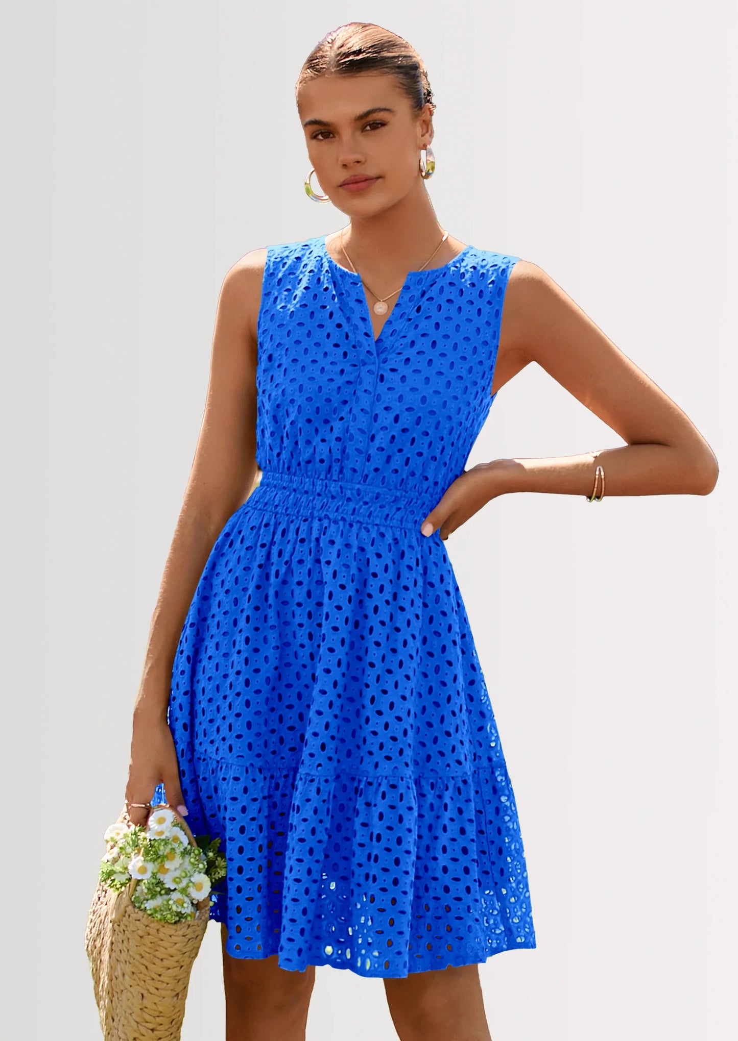 Women's Summer Dresses Sleeveless V Neck Eyelet Hollow Out Swing A Line Beach Vacation Sun Dress
