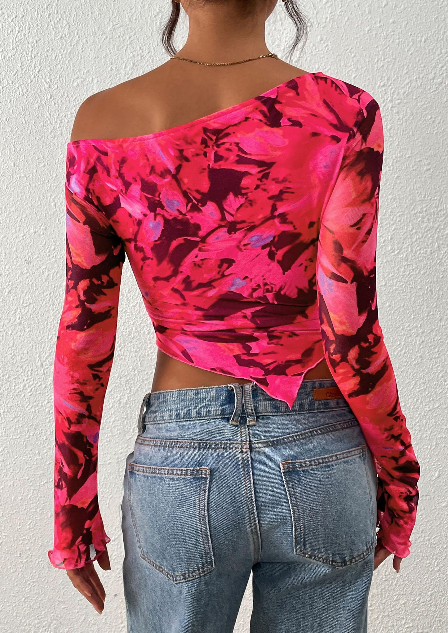Womens Fall Trendy Off Shoulder Tops Tie Dye Mesh Long Sleeve Shirts Asymmetrical Ruched Floral Blouse
