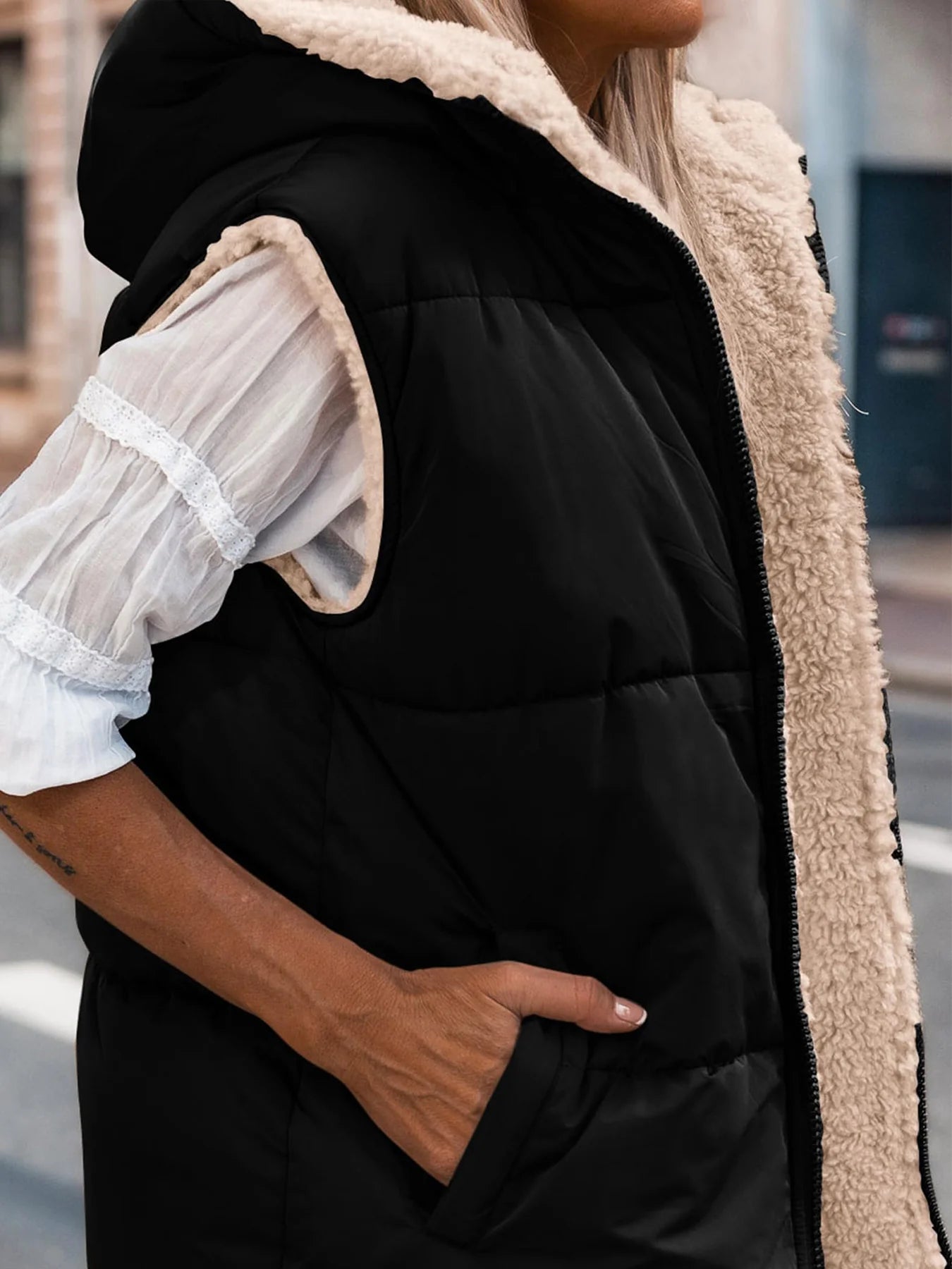 Womens Fall Reversible Vests Sleeveless Fleece Jacket Zip Up Hoodie Pockets Long Warm Winter Coat Outerwear