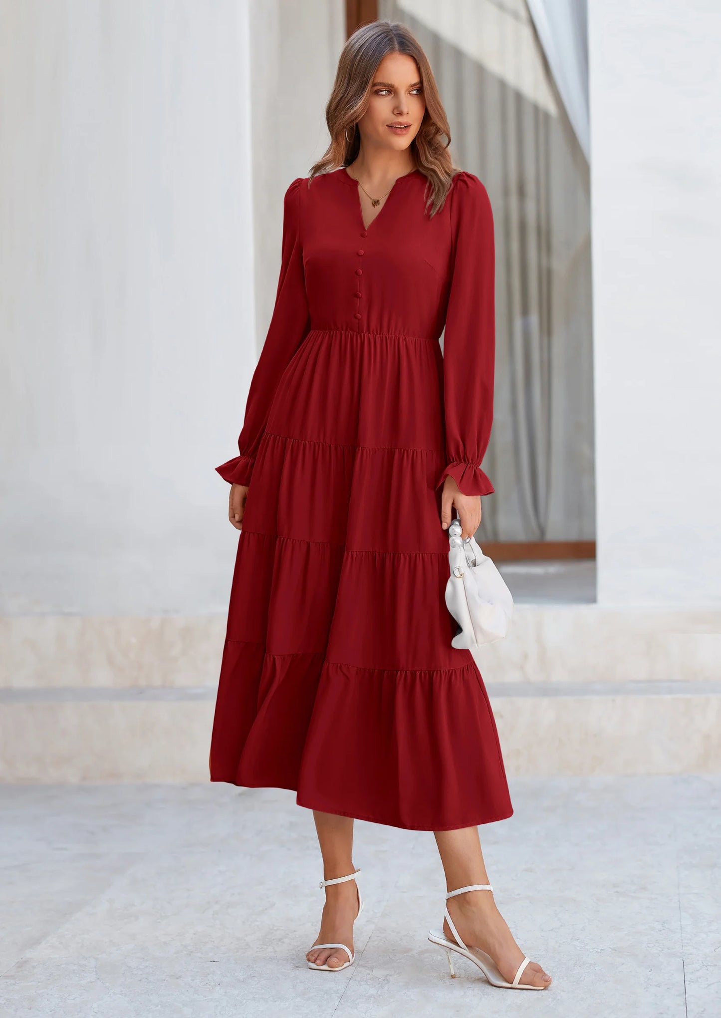 Women Fall Long Sleeve Smocked Maxi Dress Casual Square Neck Swiss Dot Tiered Ruffle Flowy Spring Pocket Dresses