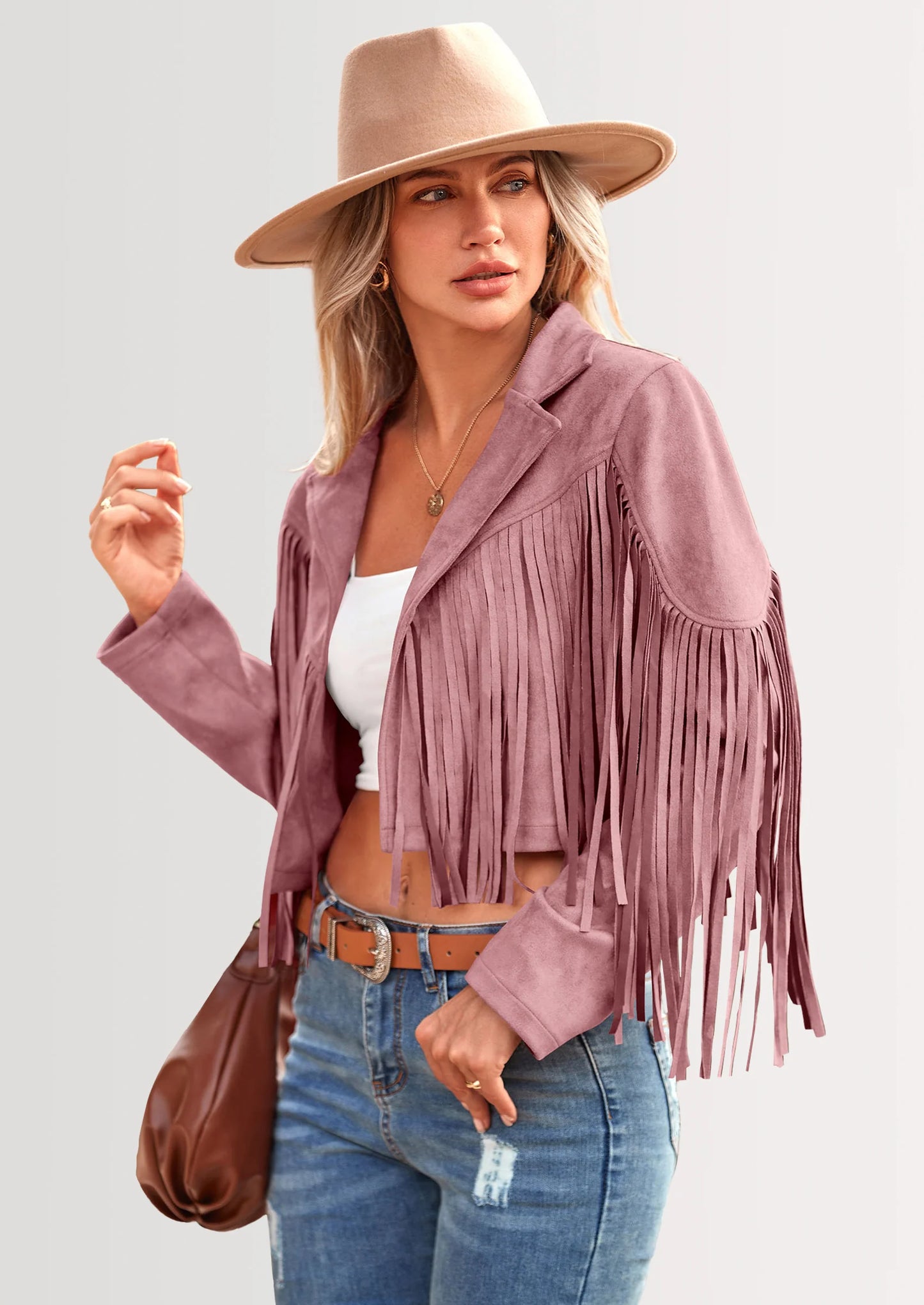 Women's Fringe Faux Suede Leather Jackets Fashion Tassel Motorcycle Cropped Coats