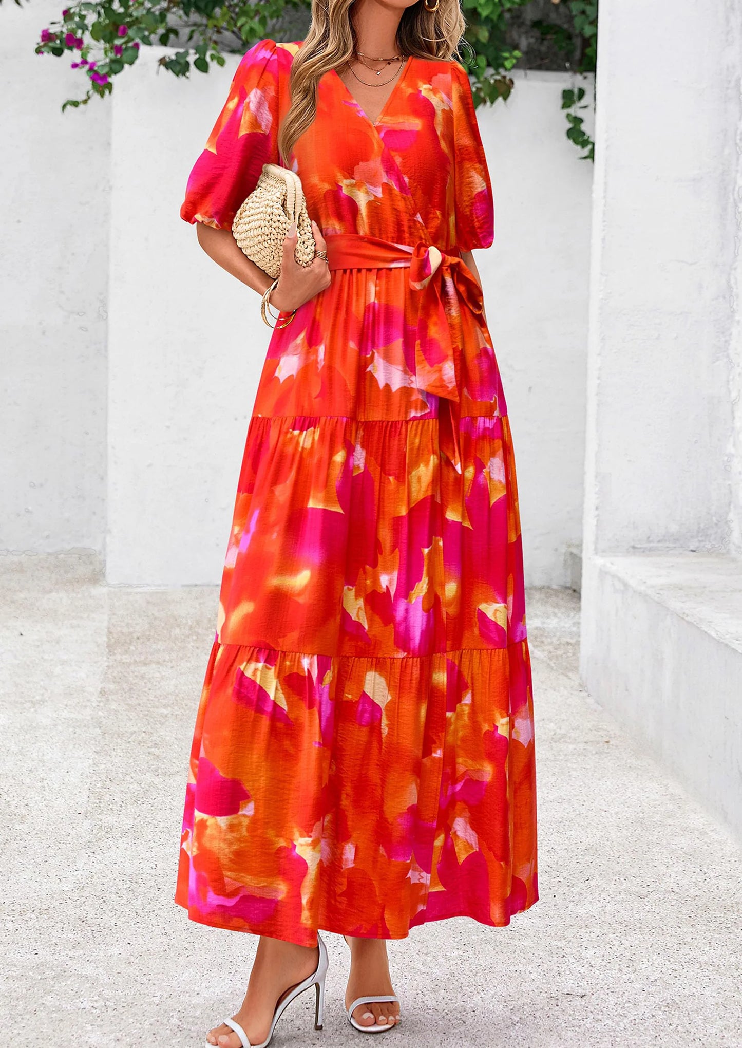 Women's Maxi Dress Resort Wear Boho Floral V Neck Puff Short Sleeve Ruffle Flowy Beach Long Dresses