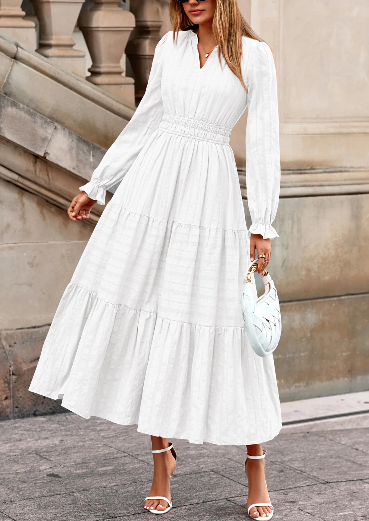 Women's Fall Wedding Guest Dresses Long Sleeve V Neck Flowy Elegant Holiday Party Maxi Dress with Pockets