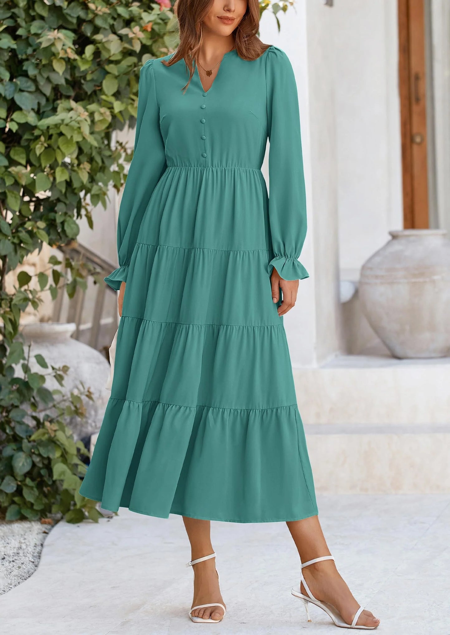 Women Fall Long Sleeve Smocked Maxi Dress Casual Square Neck Swiss Dot Tiered Ruffle Flowy Spring Pocket Dresses