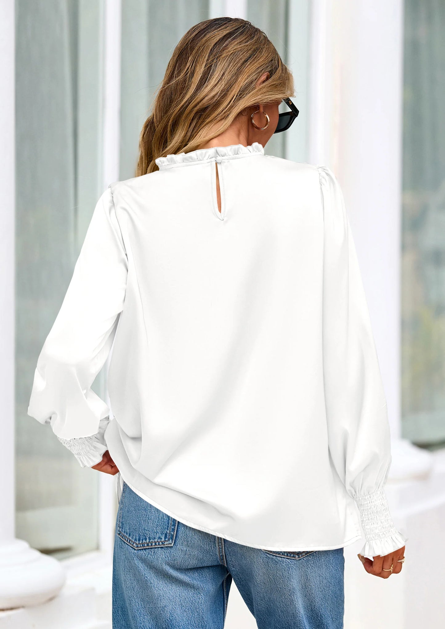 Blouses for Women Dressy Casual Fall Outfits Frill Neck Long Sleeve Shirts Satin Work Business Casual Tops