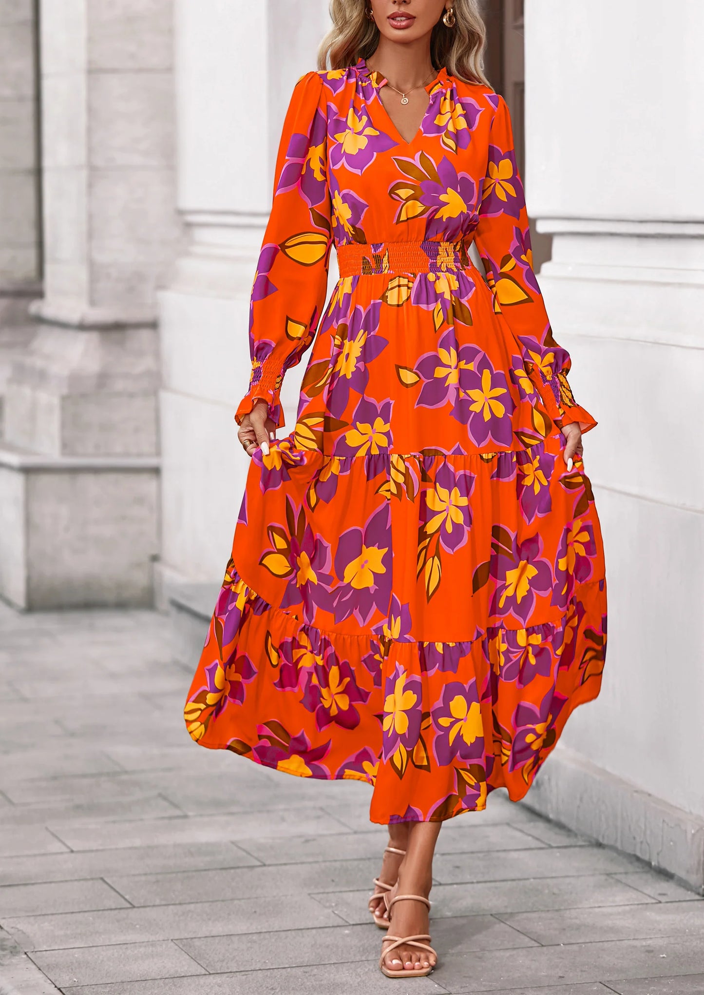 Women's Floral Maxi Dress Spring Long Sleeve V Neck Casual A Line Long Flowy Boho Party Dresses