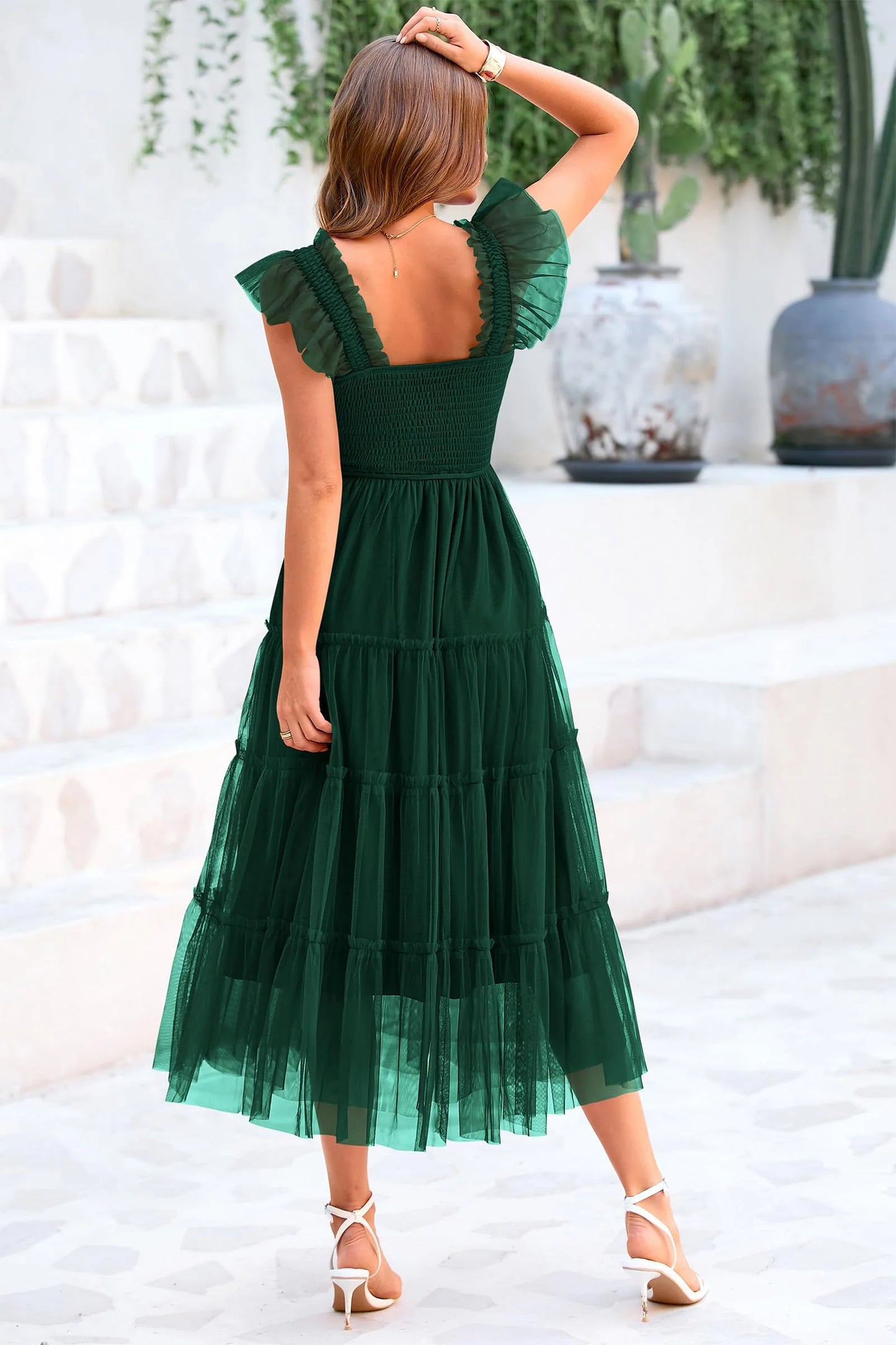 Women's Tulle Midi Dress Sleeveless Smocked Ruffle Mesh Flowy Dresses Party Wedding Guest Sundress