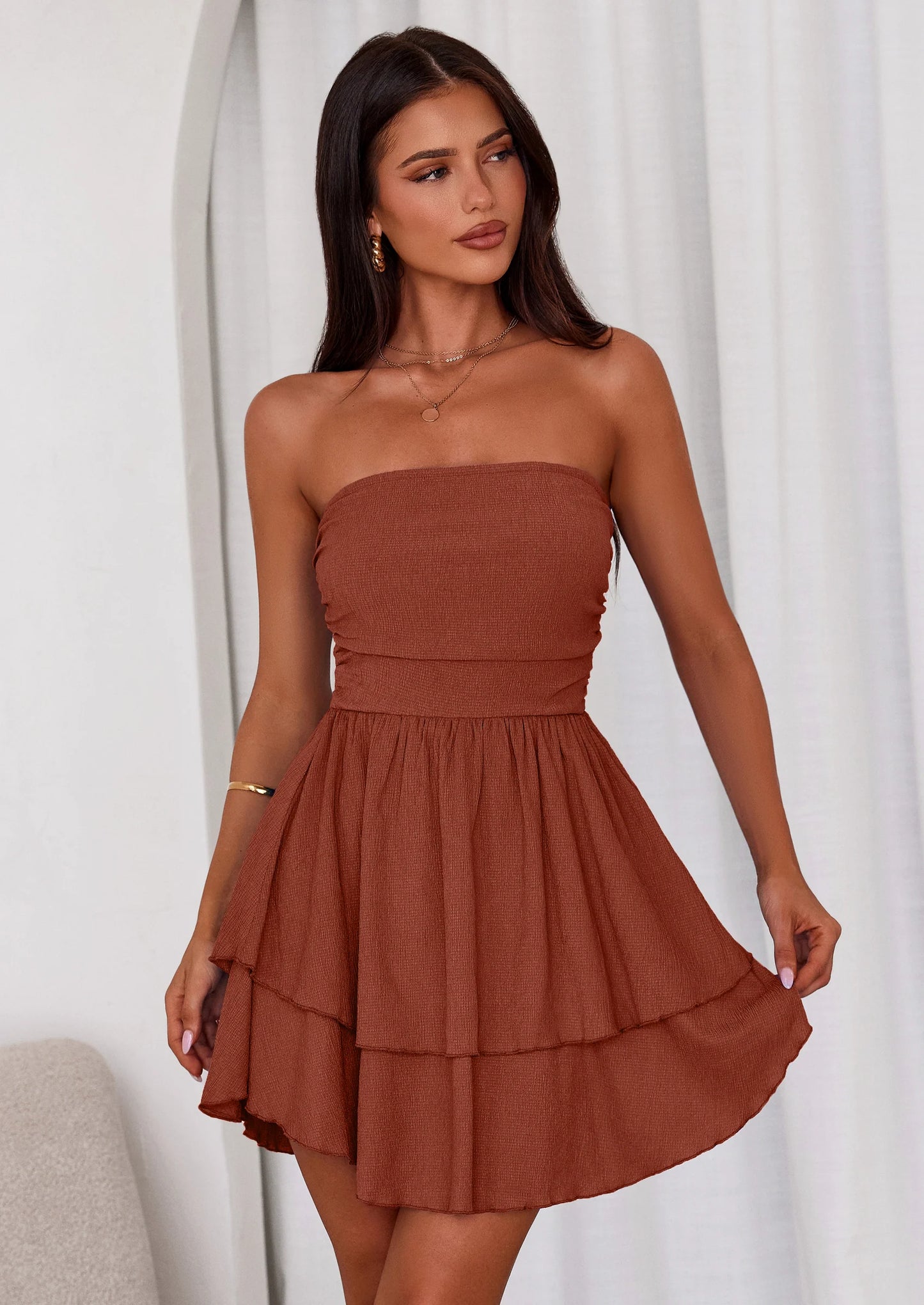 Women's Summer Strapless Tube Mini Dress Off Shoulder Smocked Ruffle A Line Flowy Short Party Club Dresses