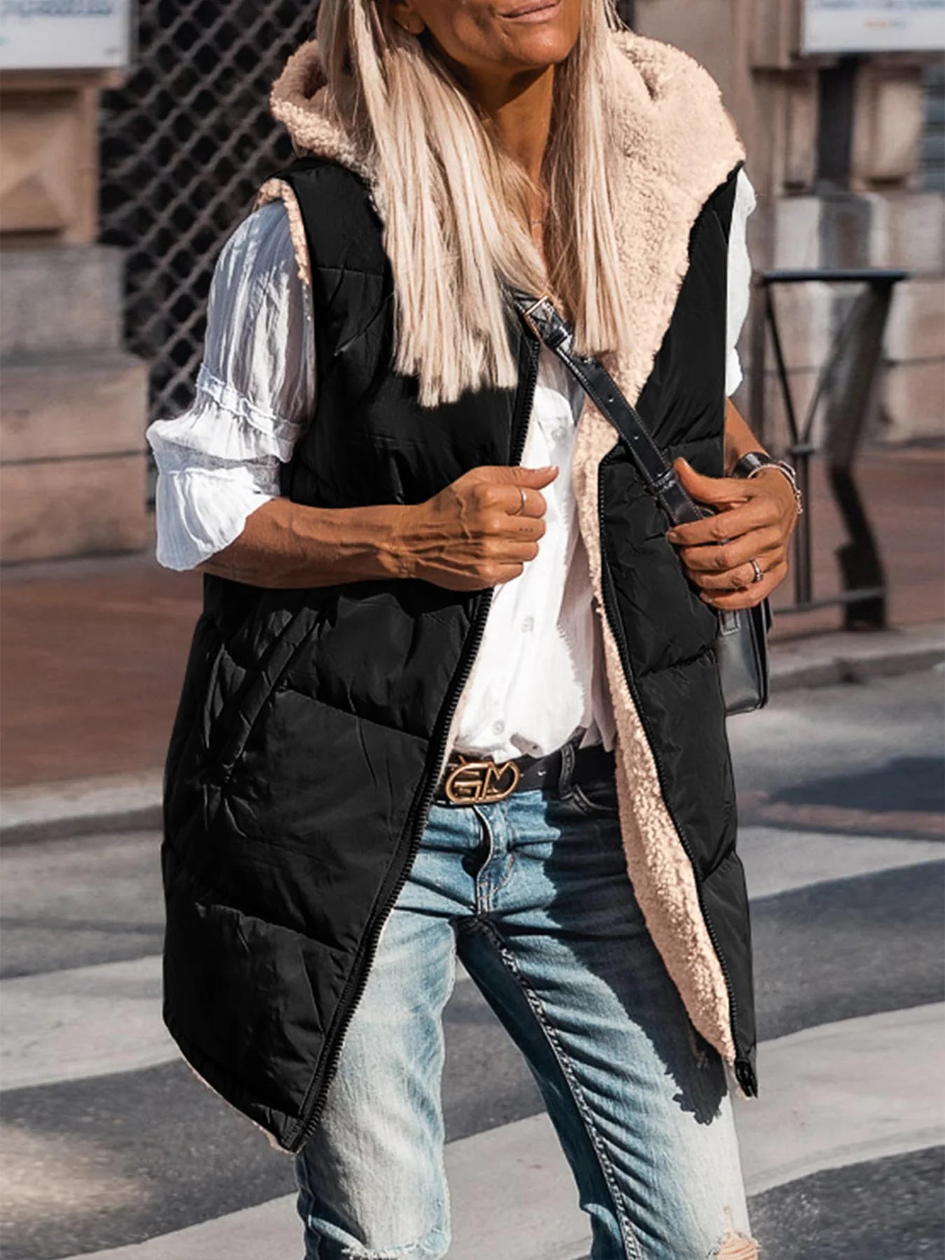 Womens Fall Reversible Vests Sleeveless Fleece Jacket Zip Up Hoodie Pockets Long Warm Winter Coat Outerwear