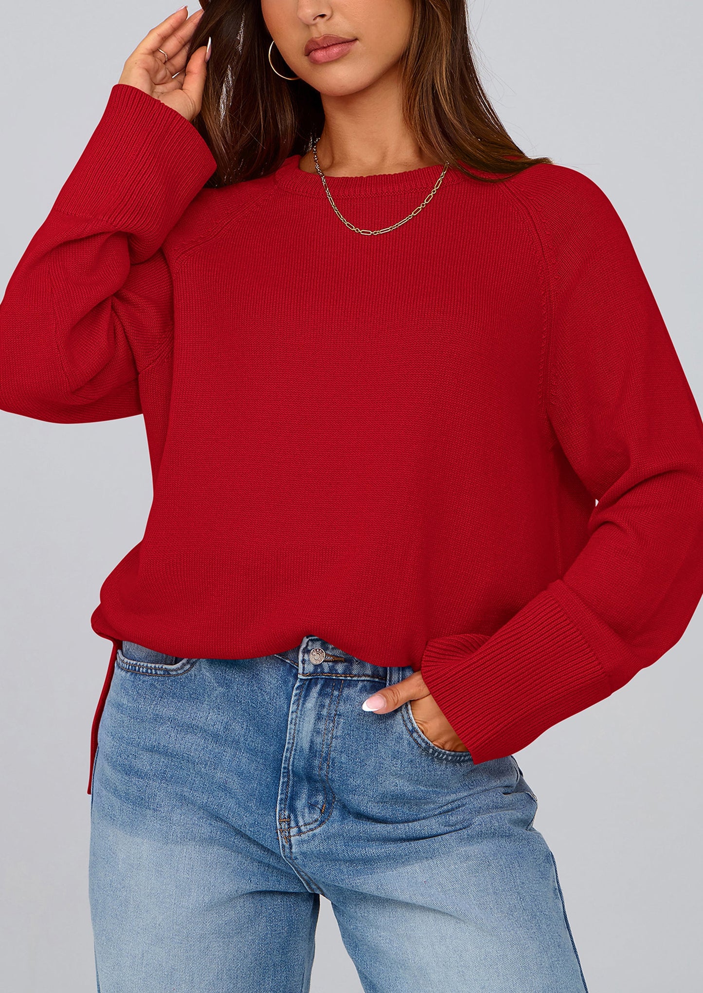 Women's Knit Fall Sweaters Long Sleeve Pullover Crewneck Split Hem Oversized Tunic Sweater Tops Winter Clothing