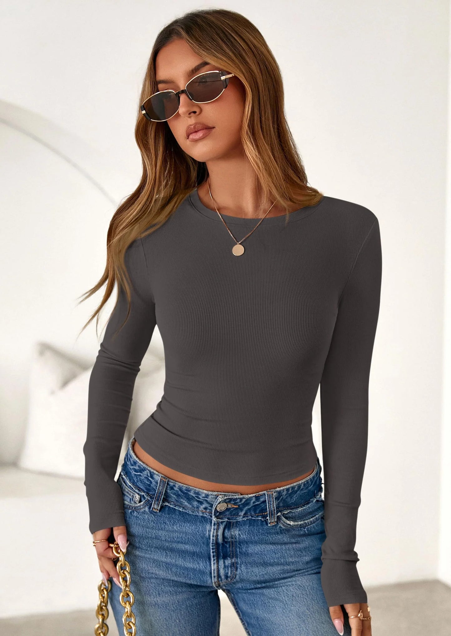 Womens Summer Fall Long Sleeve Shirts Ribbed Knit Fitted Basic Tee Going Out Tops Underscrub Casual Outfits