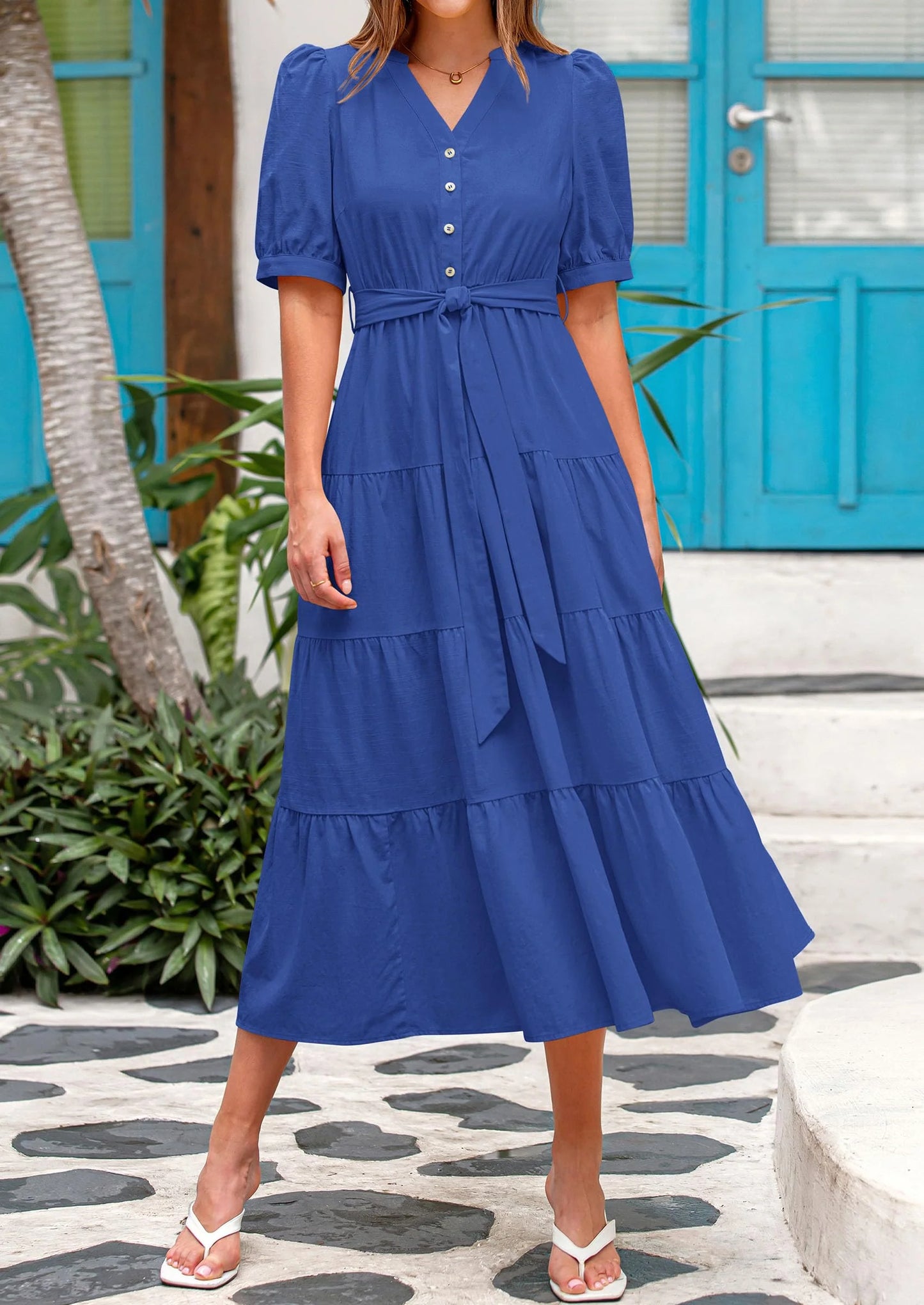 Women's Midi Dress Casual Short Sleeve V Neck Buttons Belted Ruffle A Line Flowy Dress with Pockets