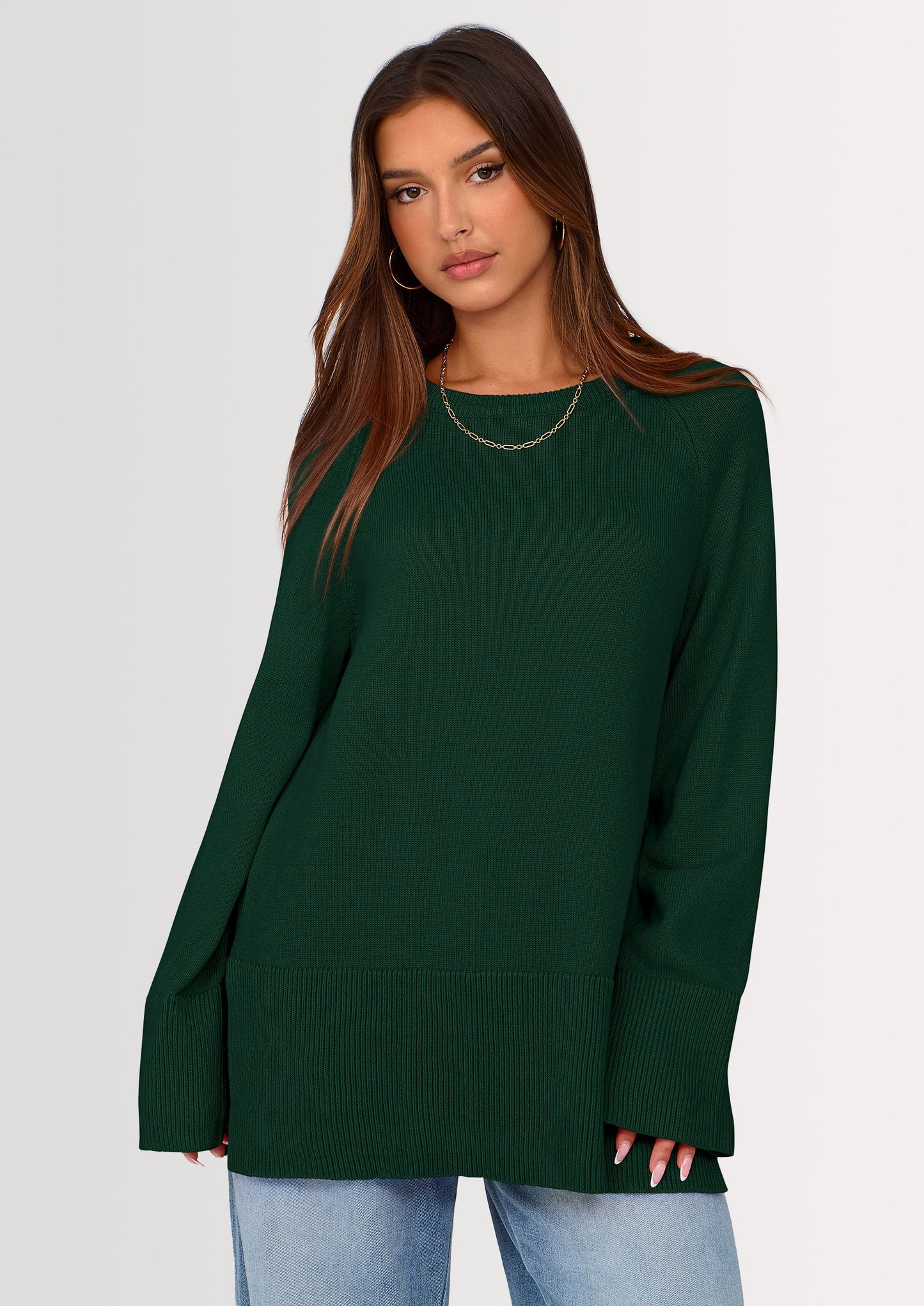 Women's Knit Fall Sweaters Long Sleeve Pullover Crewneck Split Hem Oversized Tunic Sweater Tops Winter Clothing
