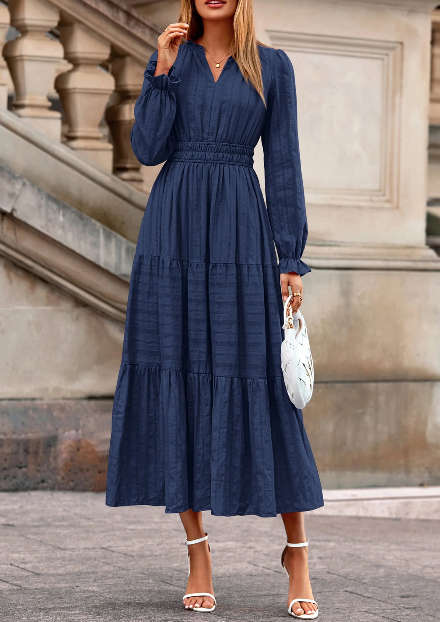Women's Fall Wedding Guest Dresses Long Sleeve V Neck Flowy Elegant Holiday Party Maxi Dress with Pockets